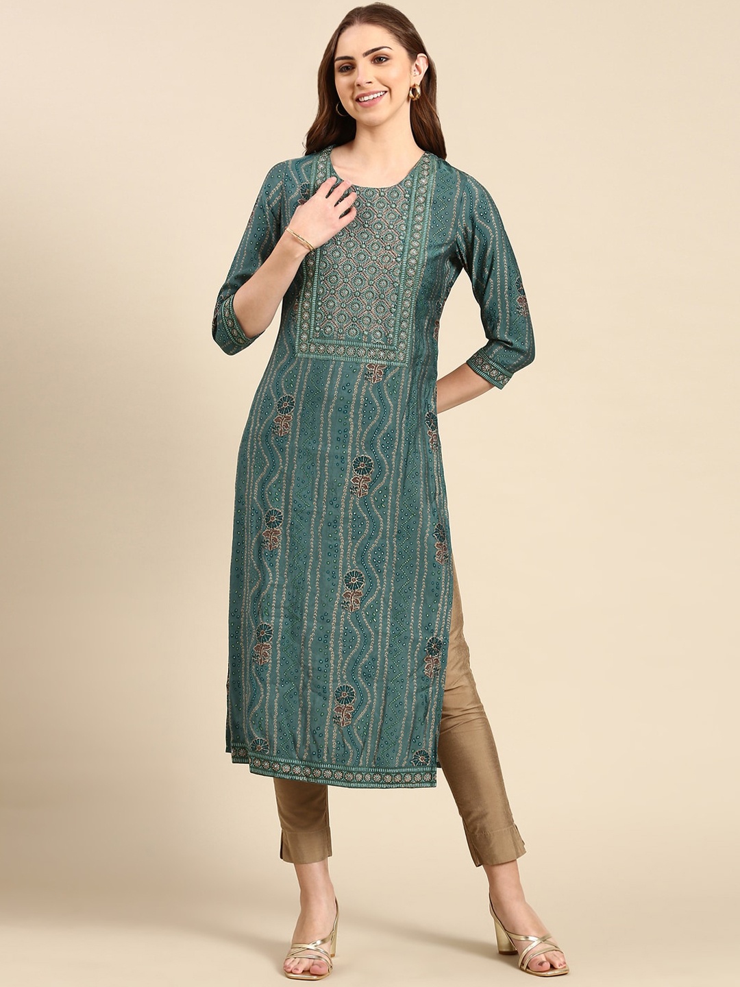 

SHOWOFF Bandhani Printed Chanderi Silk Straight Kurta, Teal