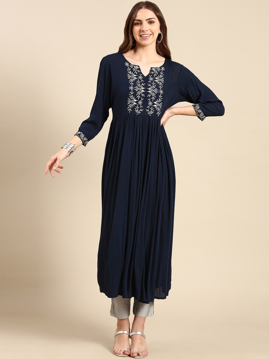 

SHOWOFF Floral Yoke Design Thread Work Indigo Pleated Anarkali Kurta, Navy blue