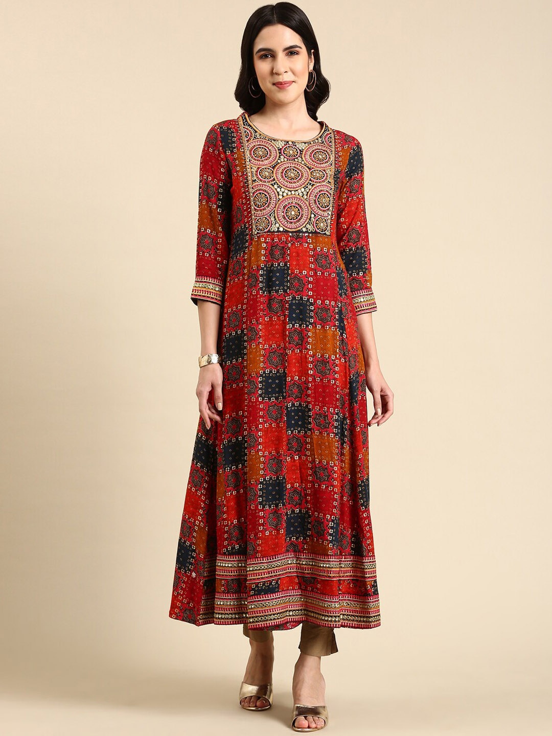 

SHOWOFF Ethnic Motifs Printed Beads & Stones A-Line Kurta, Maroon