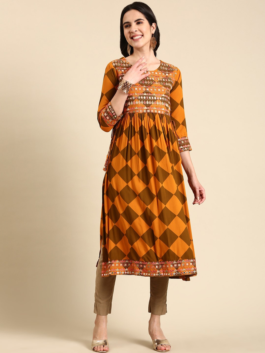 

SHOWOFF Geometric Printed Mirror Work Anarkali Kurta, Rust