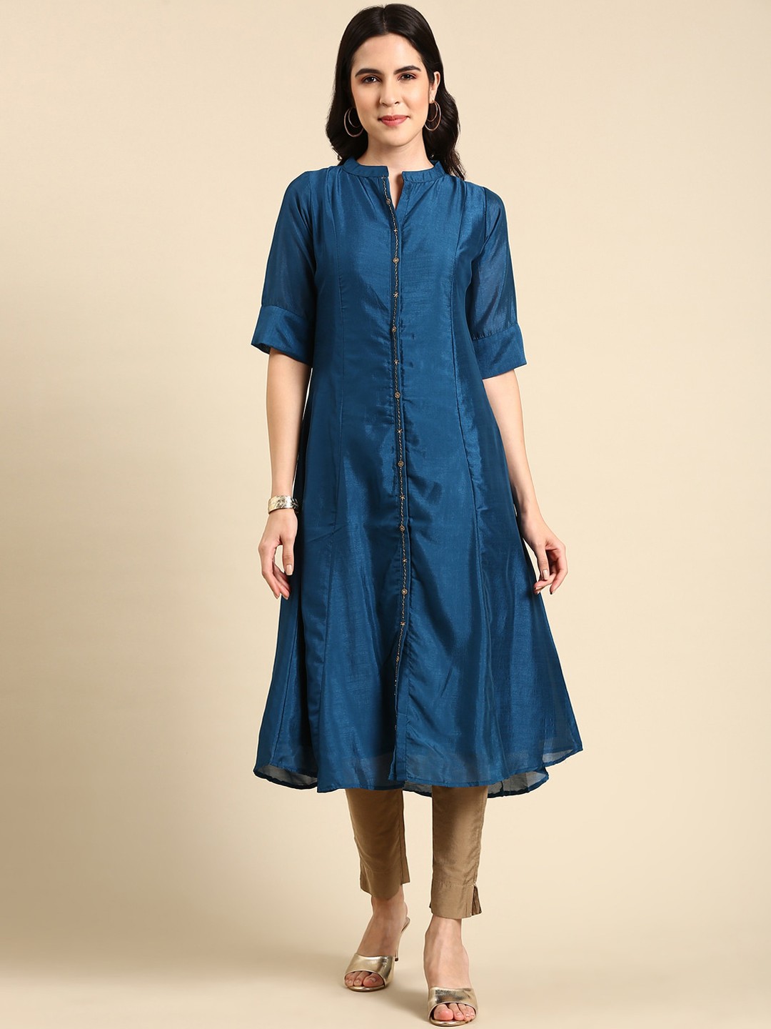

SHOWOFF Mandarin Collar Raw Silk Kurta, Teal