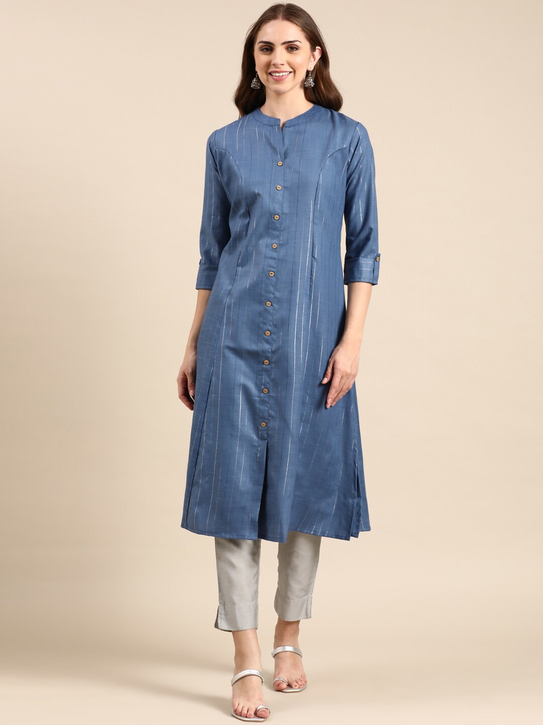 

SHOWOFF Mandarin Collar Striped Kurta, Blue