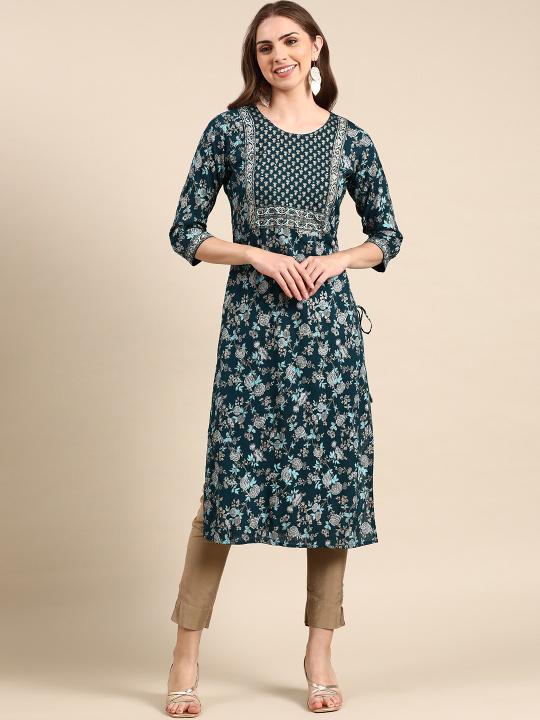 

SHOWOFF Floral Printed Round Neck Kurta, Teal