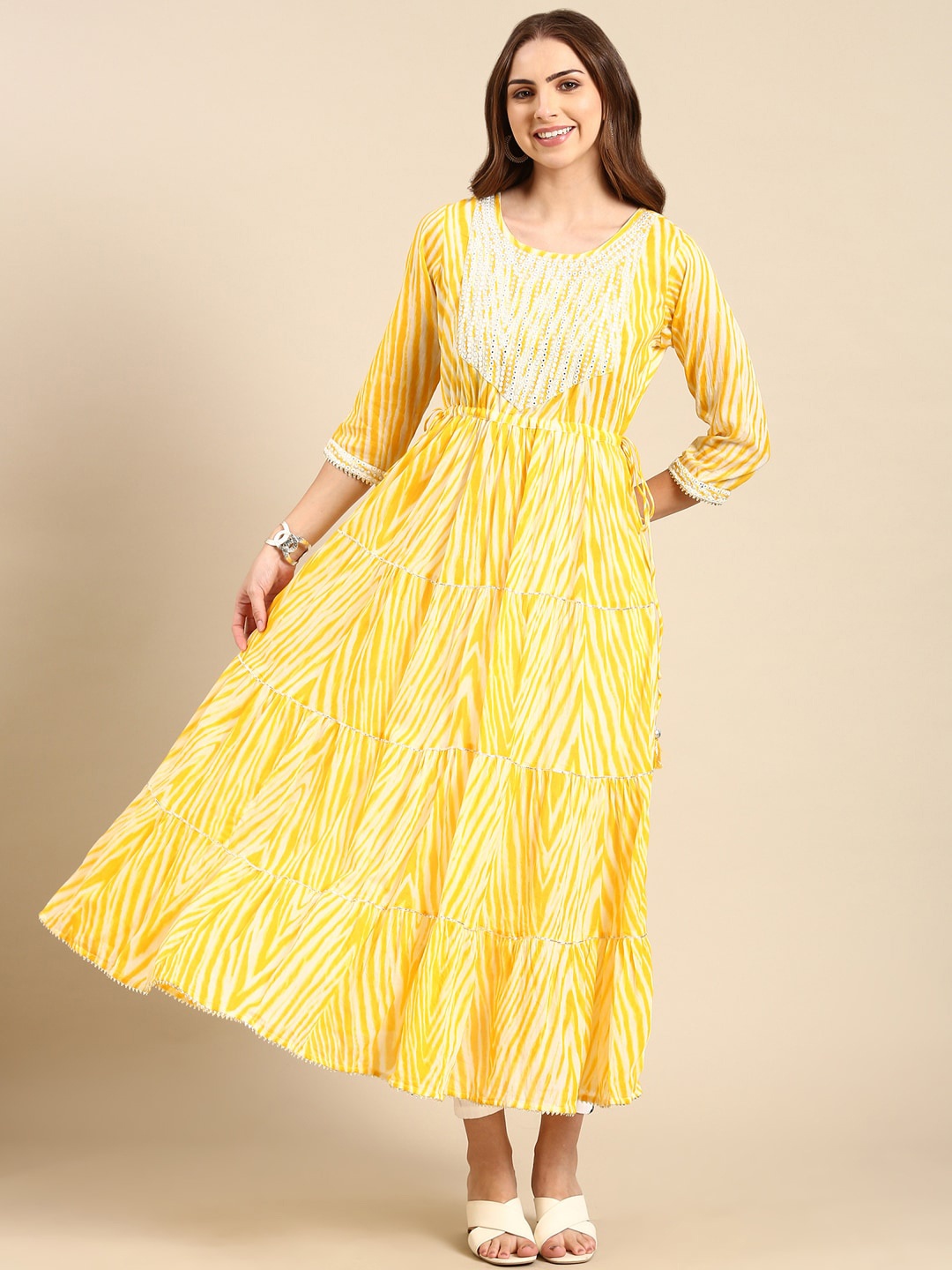 

SHOWOFF Tiered Striped Mirror Work Anarkali Kurta, Yellow