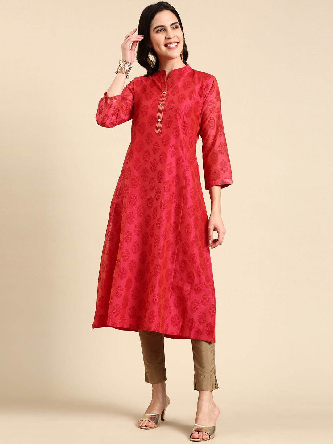 

SHOWOFF Mandarin Collar Ethnic Printed A-Line Kurta, Pink