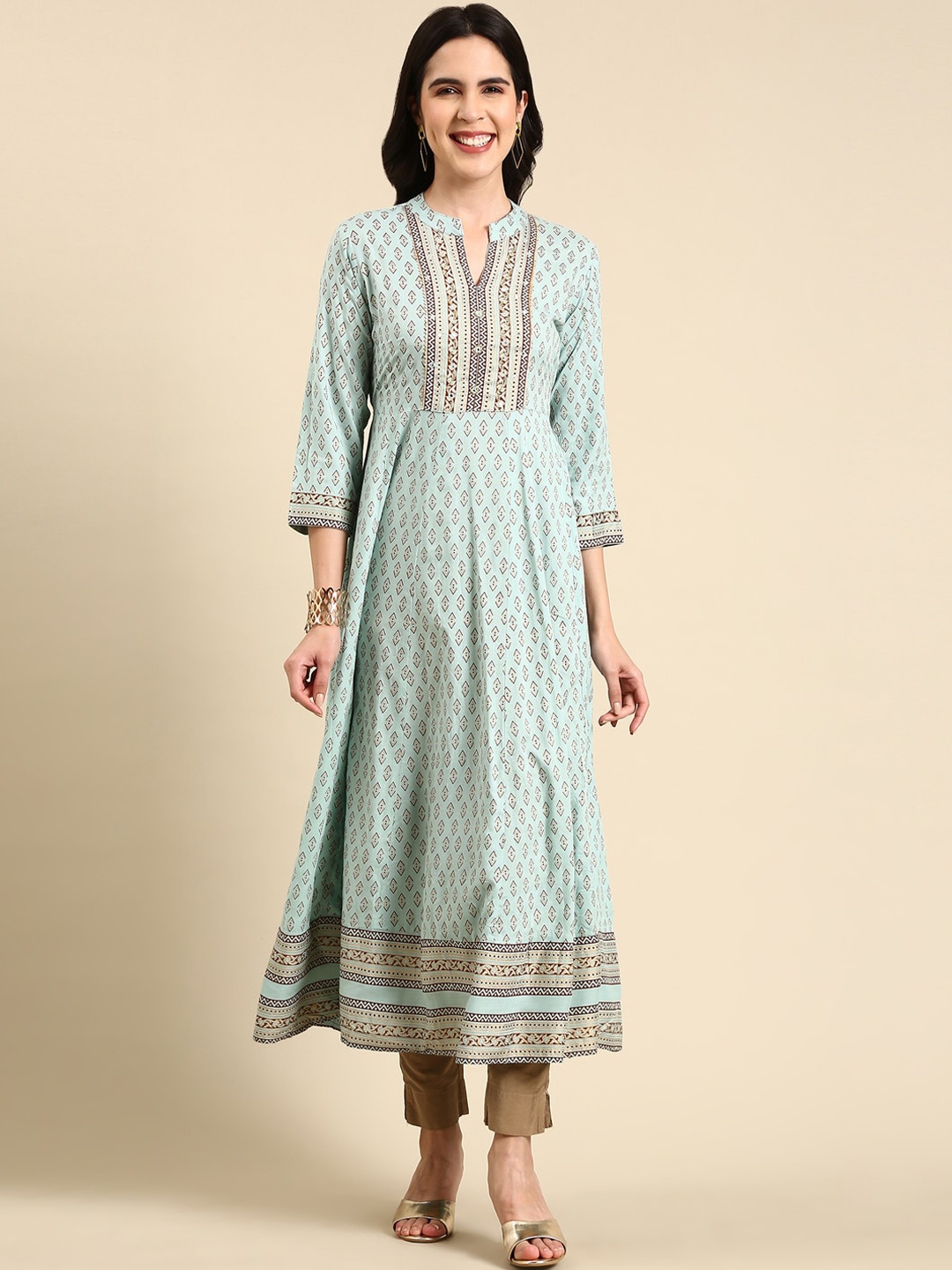 

SHOWOFF Ethnic Motifs Printed Gotta Patti Anarkali Cotton Kurta, Turquoise blue