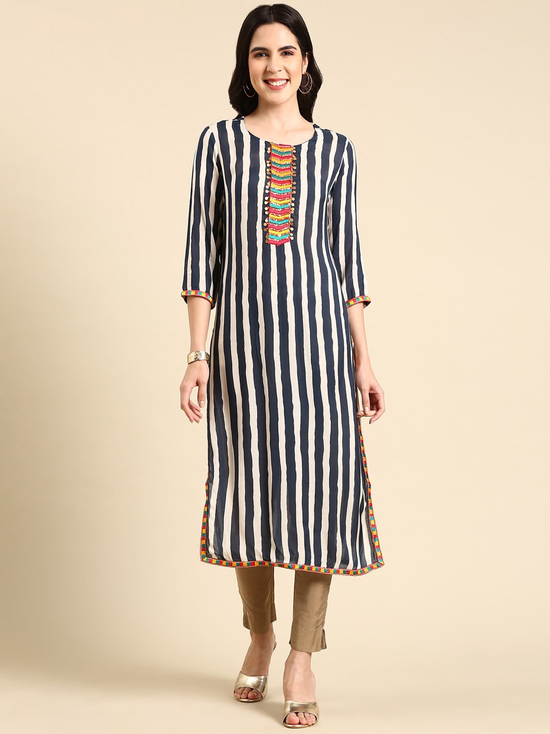 

SHOWOFF Straight Striped Sequined Indigo Kurta, Navy blue