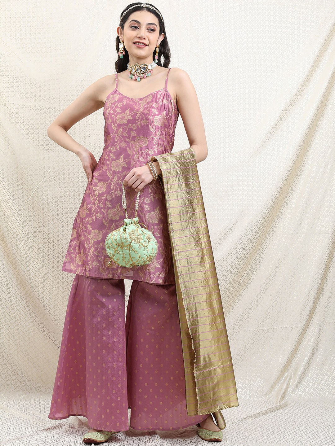 

Vishudh Floral Woven design Shoulder Straps Kurta With Sharara & Dupatta, Mauve