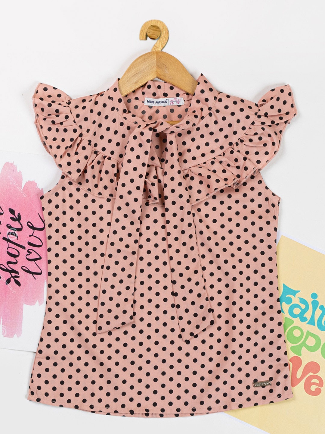 

Nins Moda Girls Polka Dot Printed Tie-Up Neck Ruffles Top, Peach