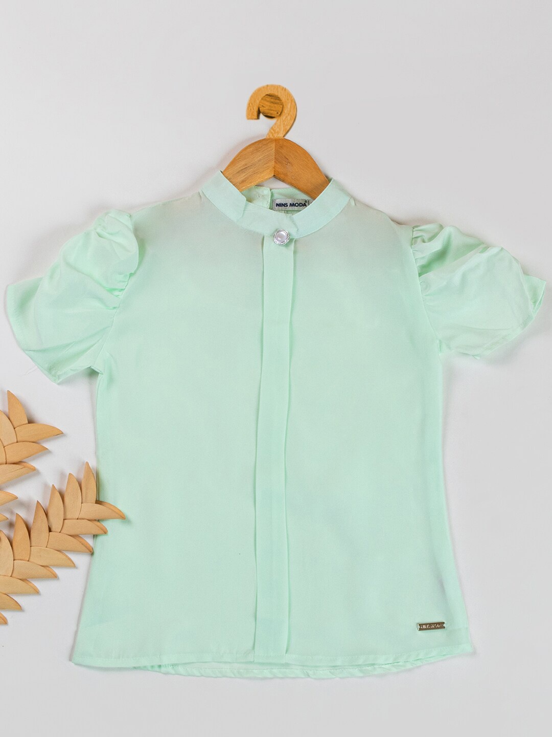 

Nins Moda Girls Mandarin Collar Puff Sleeve Shirt Style Top, Sea green