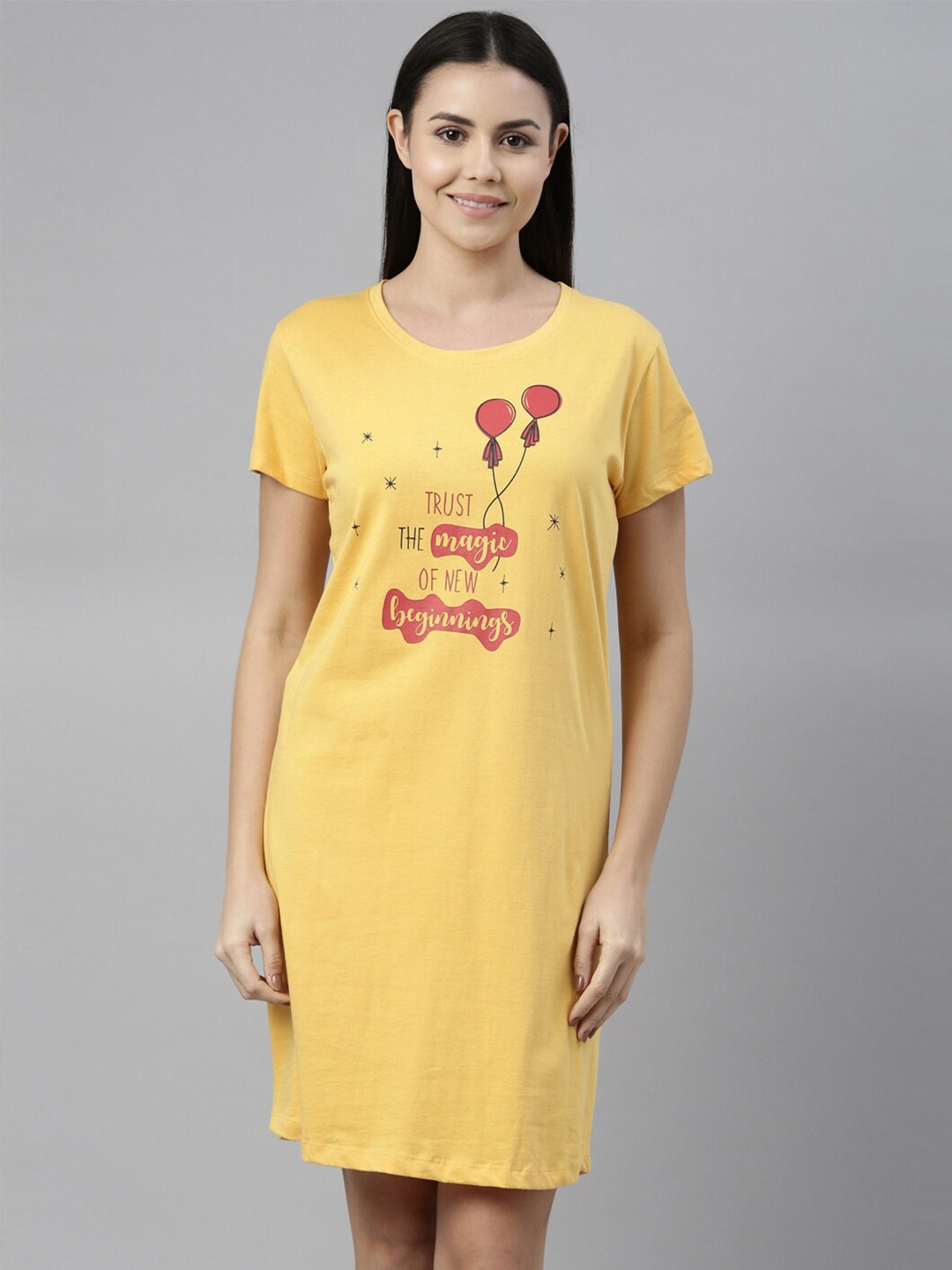 

ETC Typography Printed Pure Cotton Nightdress, Yellow