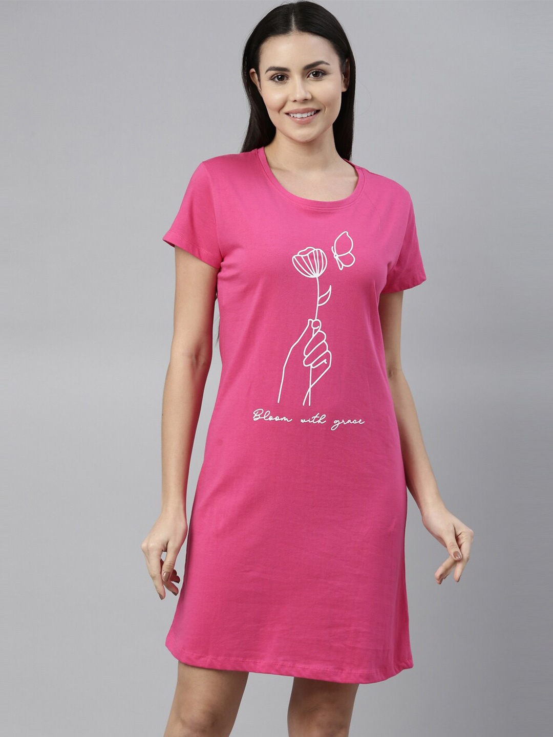 

ETC Graphic Printed Pure Cotton Nightdress, Fuchsia