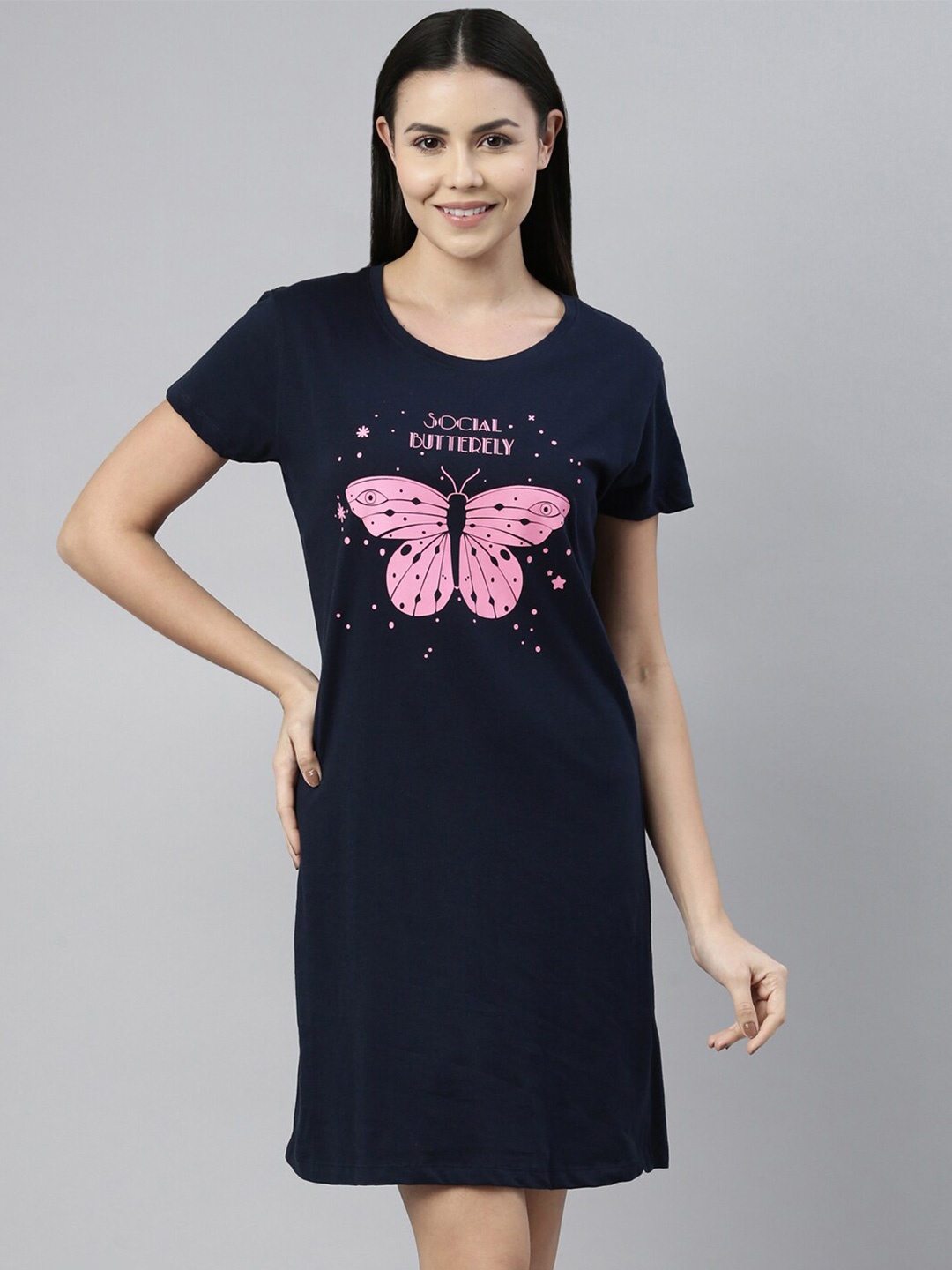 

ETC Graphic Printed Pure Cotton Nightdress, Navy blue