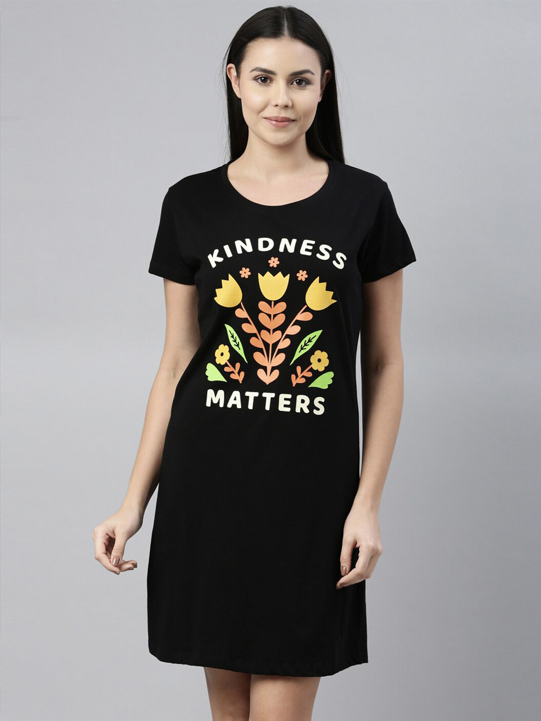 

ETC Typography Printed Pure Cotton Nightdress, Black