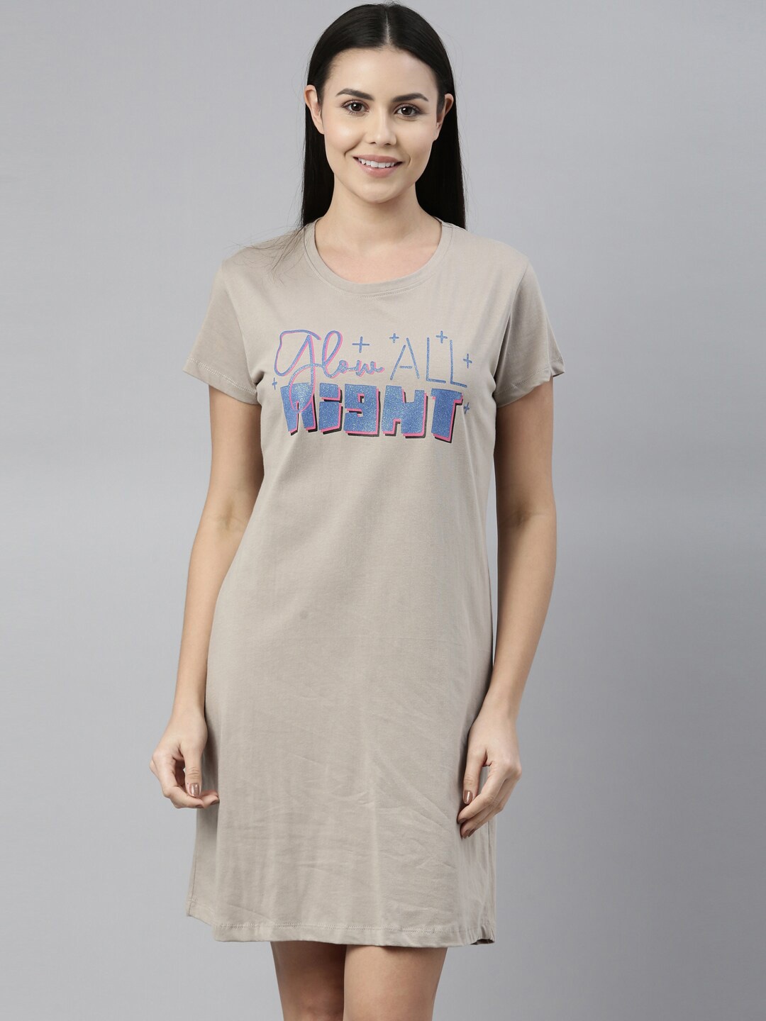 

ETC Typography Printed Pure Cotton Nightdress, Grey