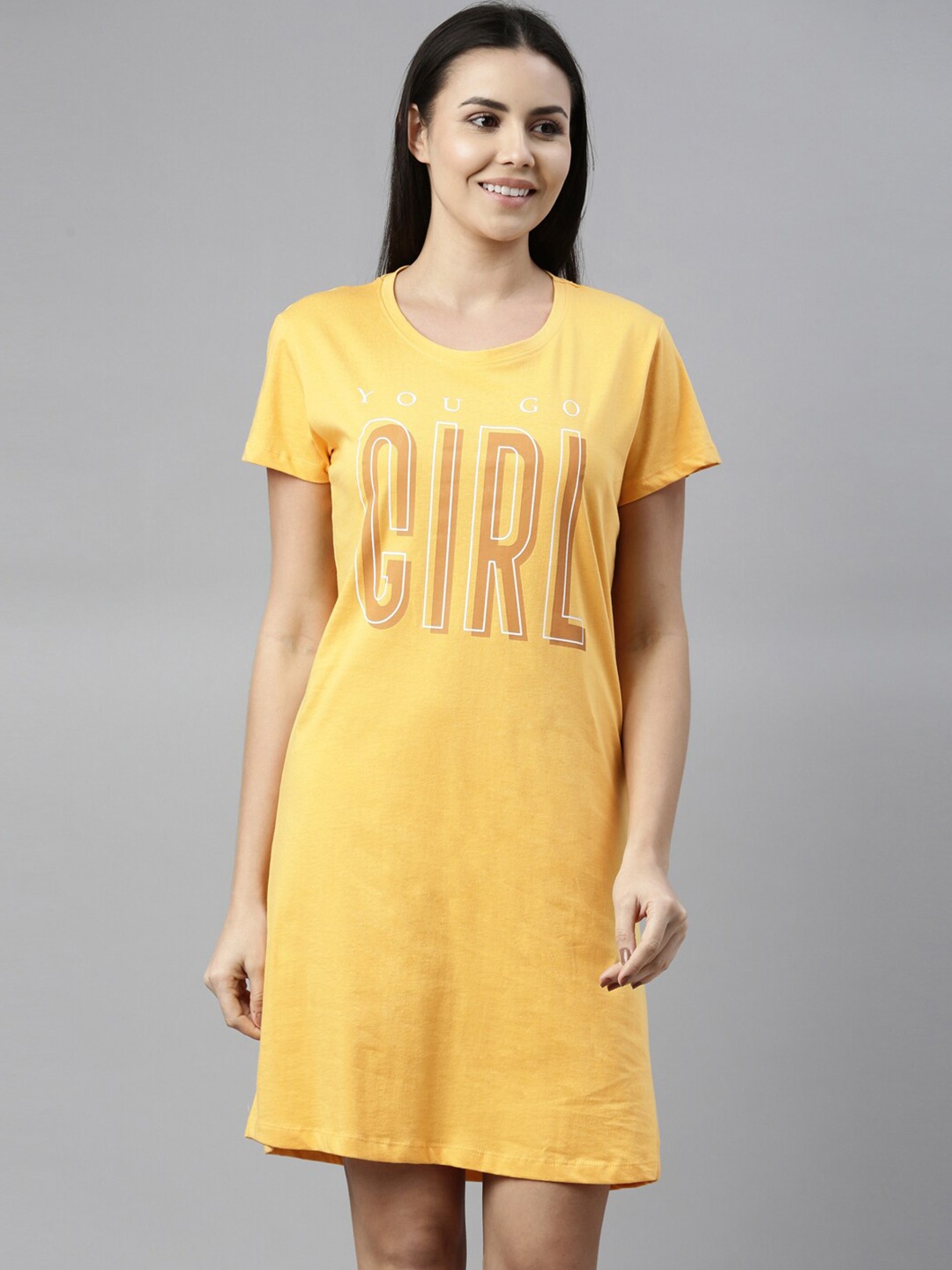 

ETC Typography Printed Pure Cotton Nightdress, Yellow