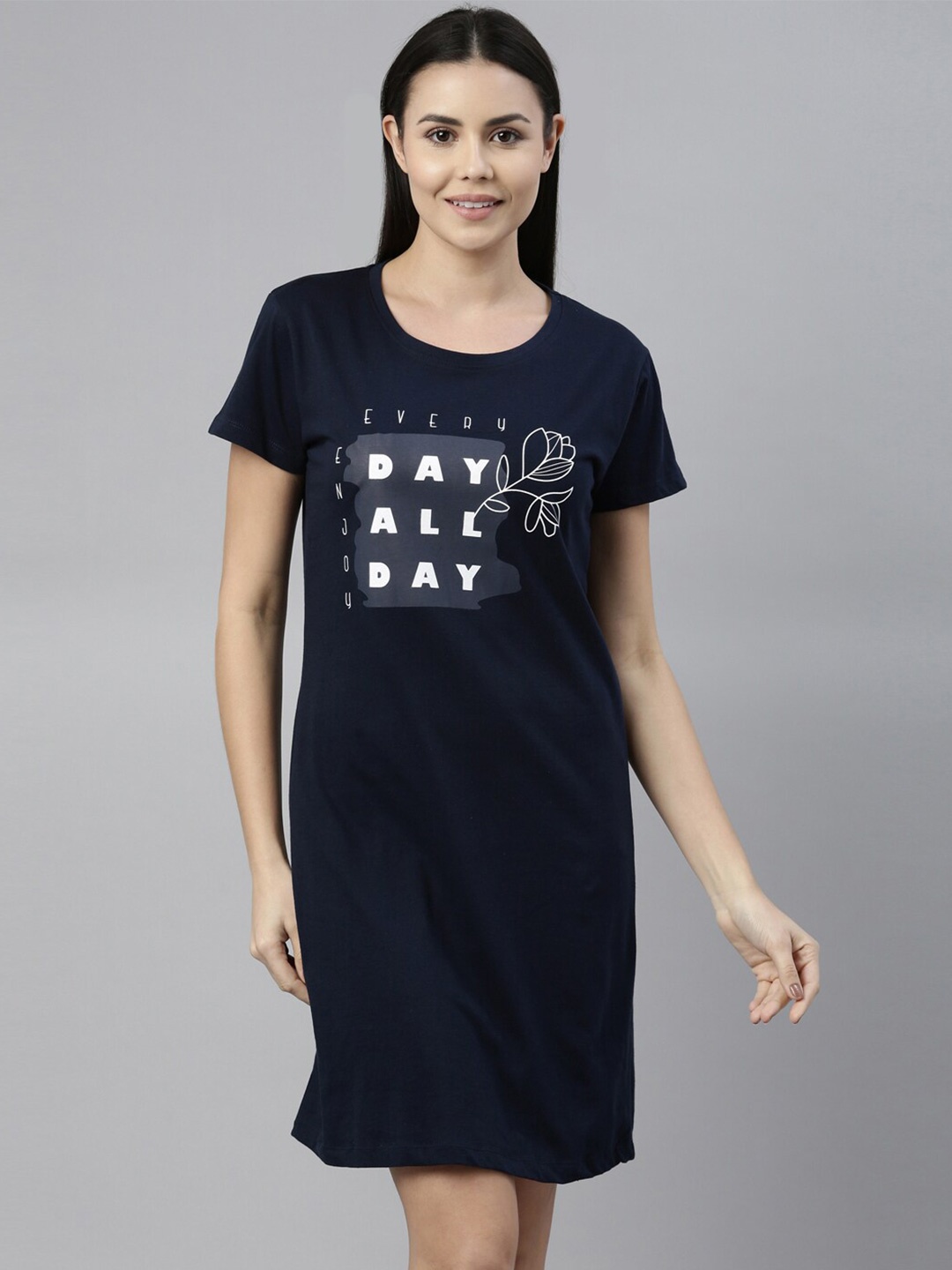 

ETC Typography Printed Pure Cotton Nightdress, Navy blue