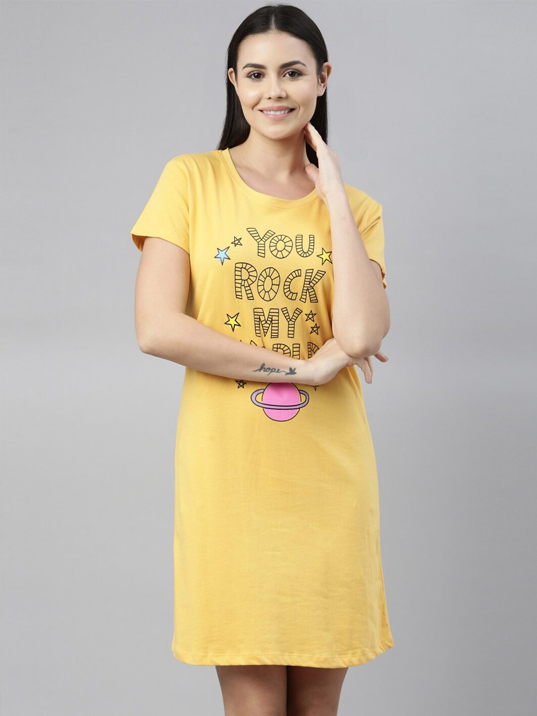

ETC Typography Printed Pure Cotton Nightdress, Yellow