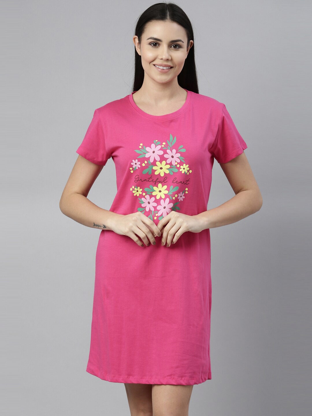 

ETC Floral Printed Pure Cotton Nightdress, Pink