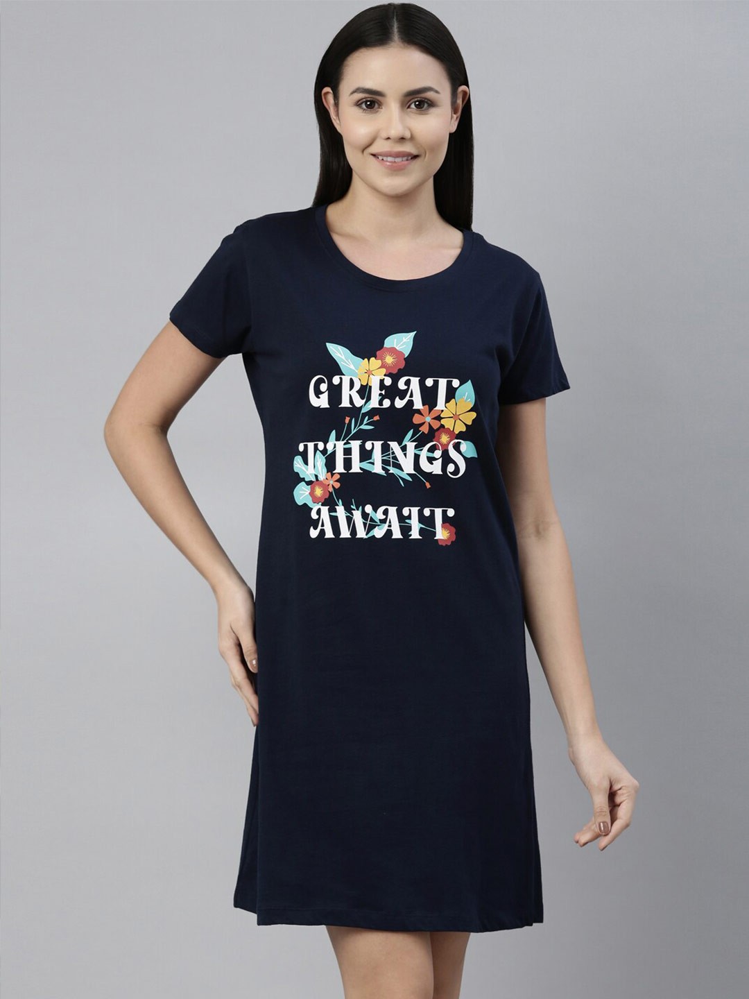 

ETC Typography Printed Pure Cotton Nightdress, Navy blue