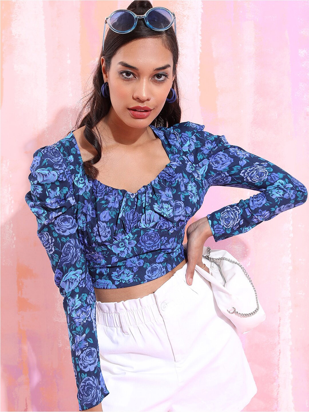 

Tokyo Talkies Floral Print Blouson Crop Top, Blue