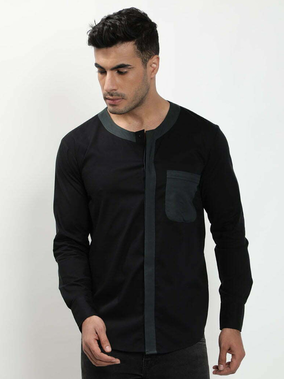 

TheBlackLover Band Collar Cotton Casual Shirt, Black