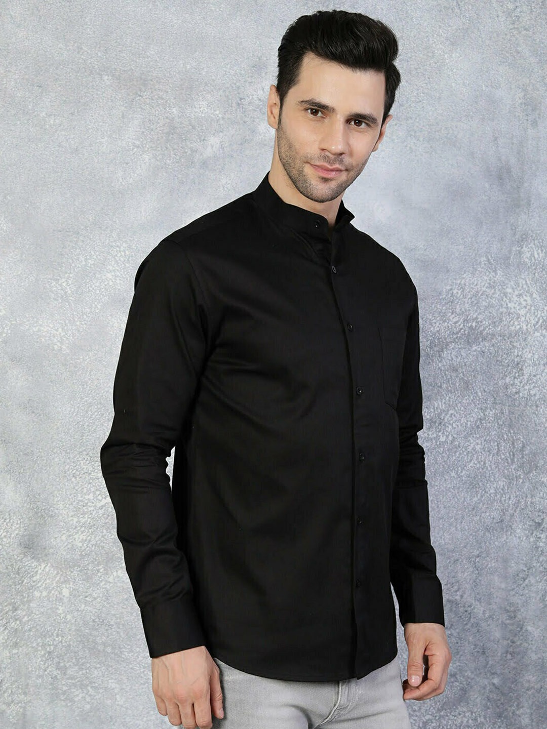 

TheBlackLover Mandarin Collar Cotton Casual Shirt, Black