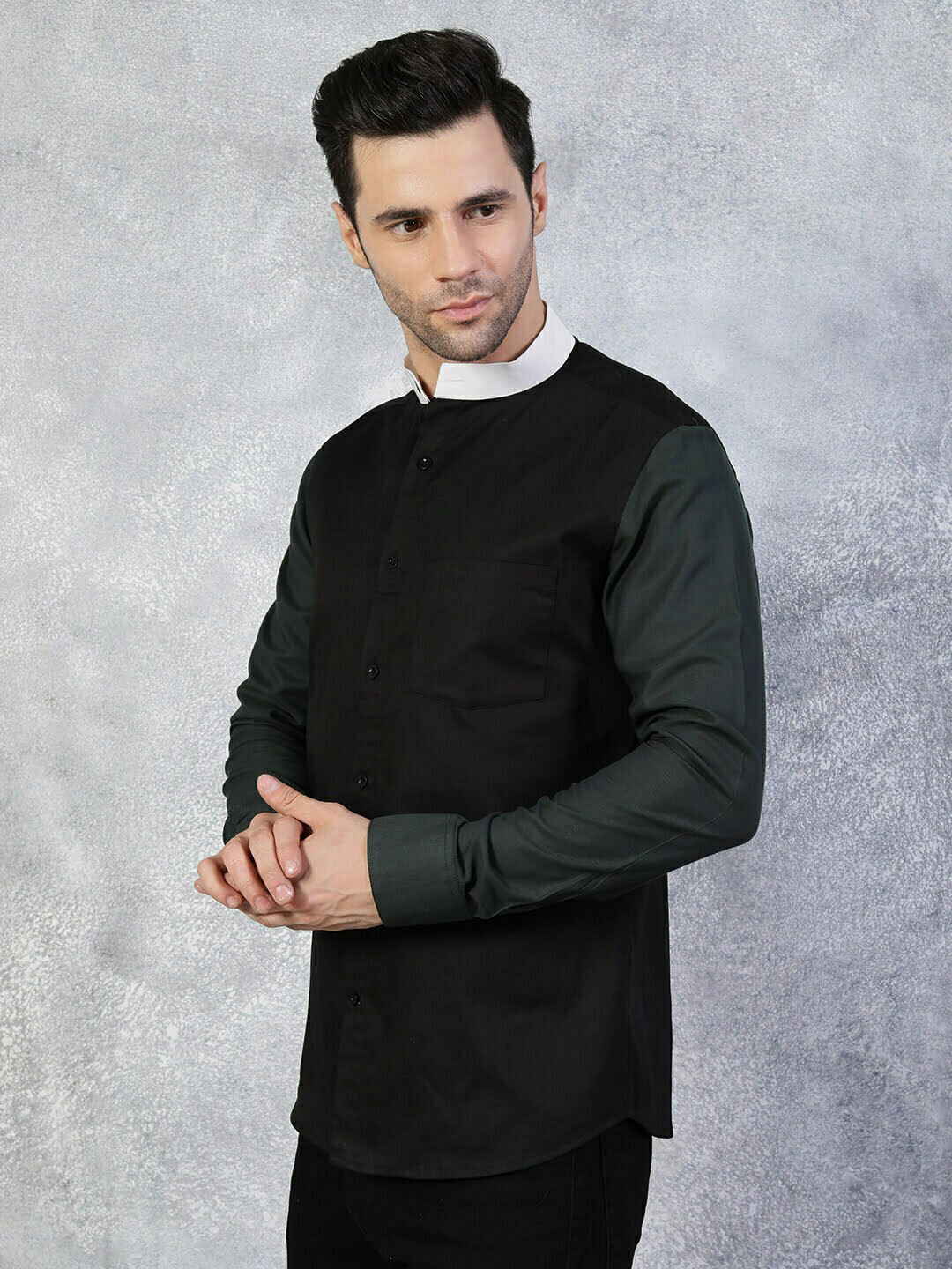 

TheBlackLover Mandarin Collar Cotton Casual Shirt, Black