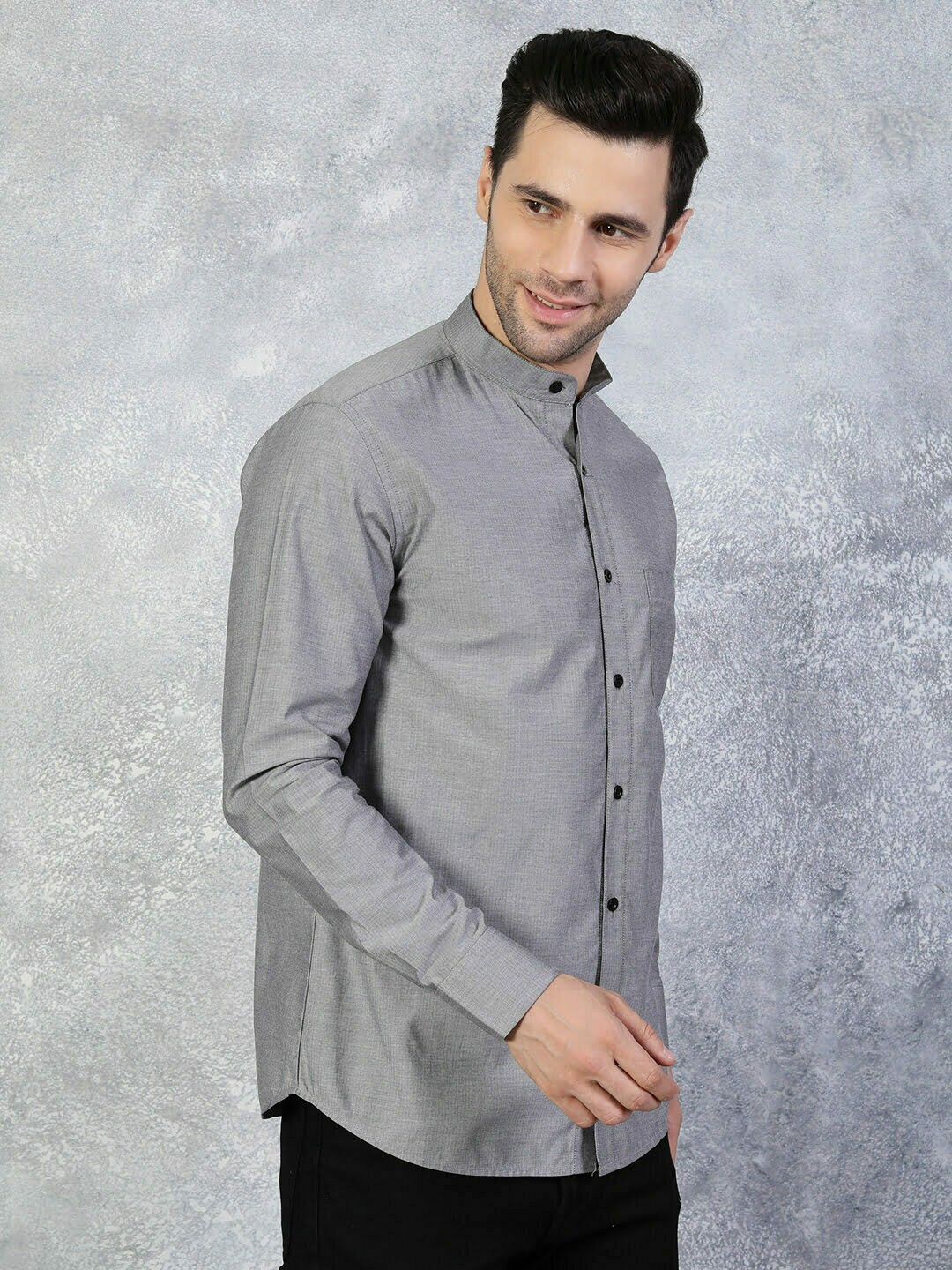 

TheBlackLover Mandarin Collar Cotton Casual Shirt, Grey