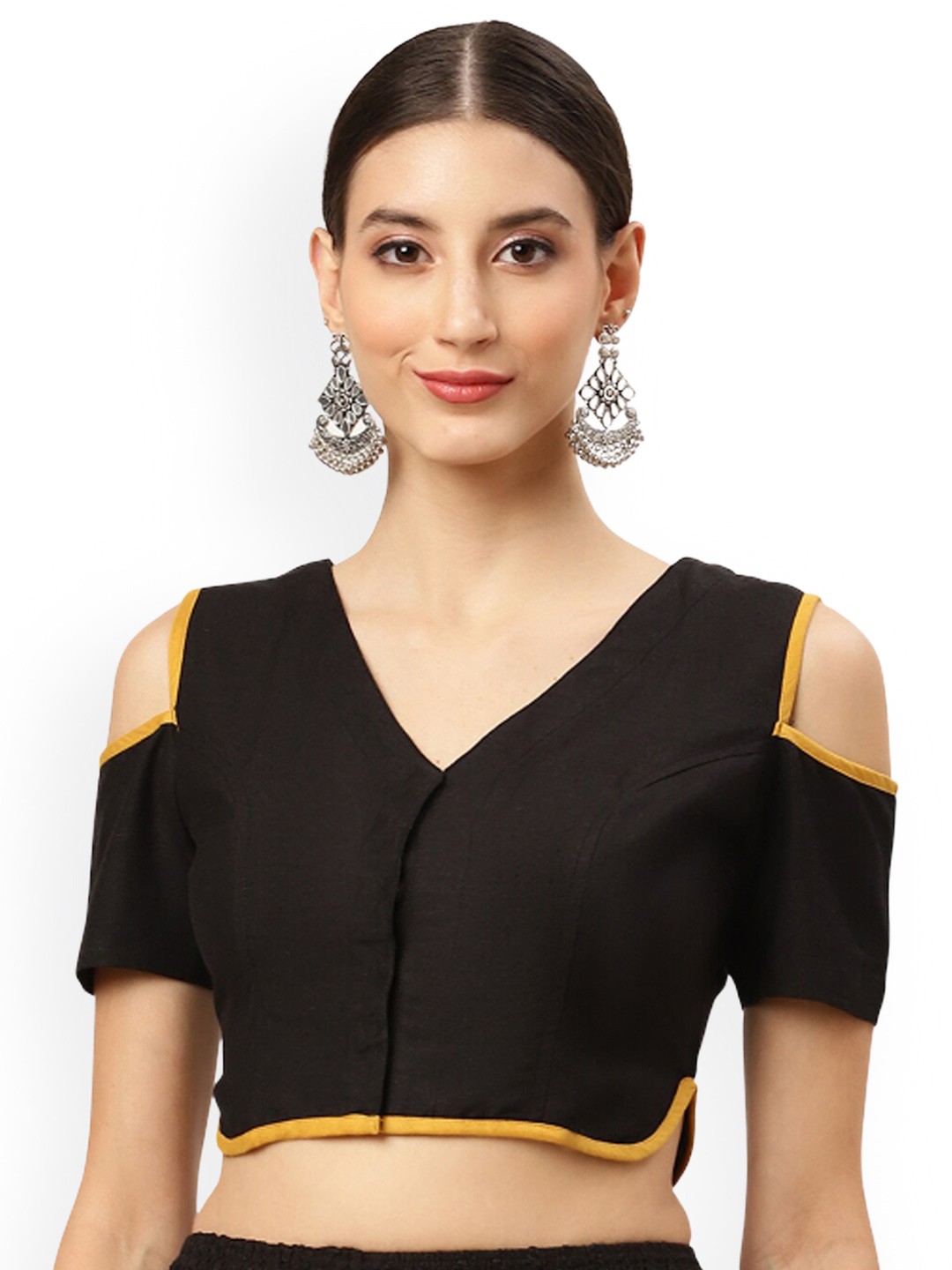 

Molcha V-Neck Cold Short Sleeves Cotton Non Padded Saree Blouse, Black
