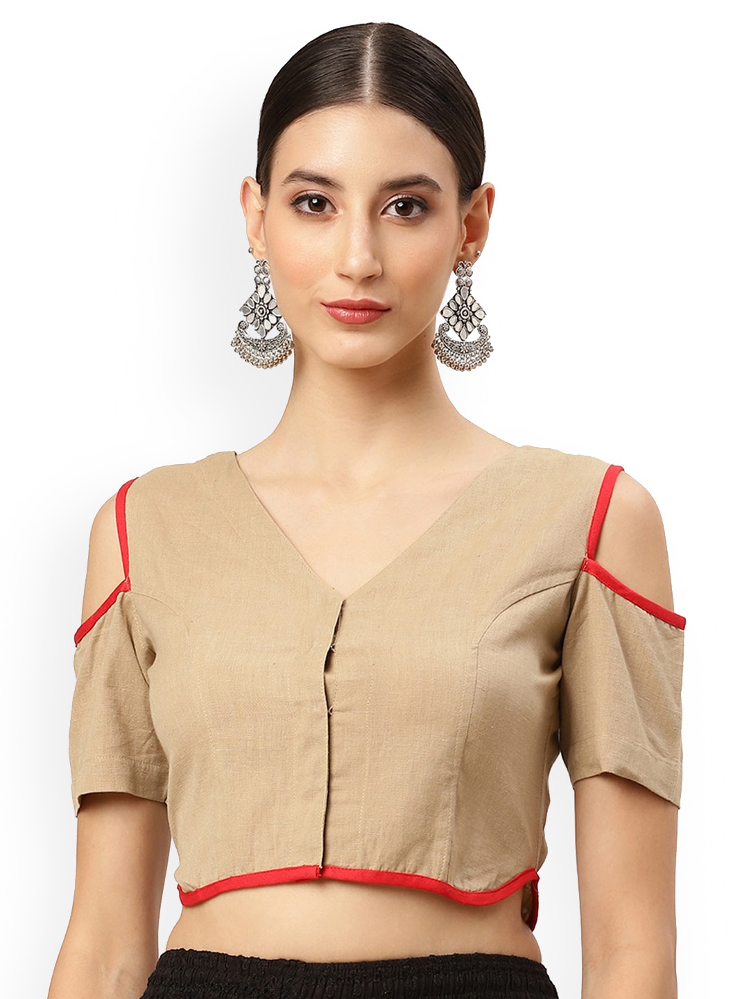

Molcha Cold-Shoulder V-Neck Cotton Readymade Saree Blouse, Beige