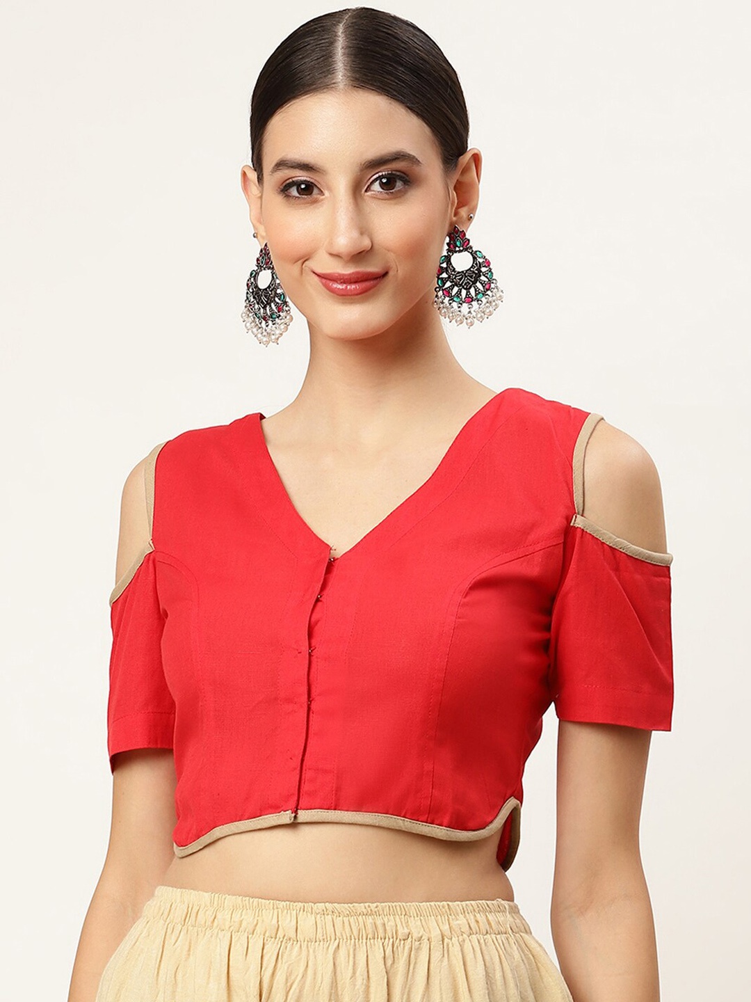 

Molcha V-Neck Cold-Shoulder Cotton Readymade Saree Blouse, Red