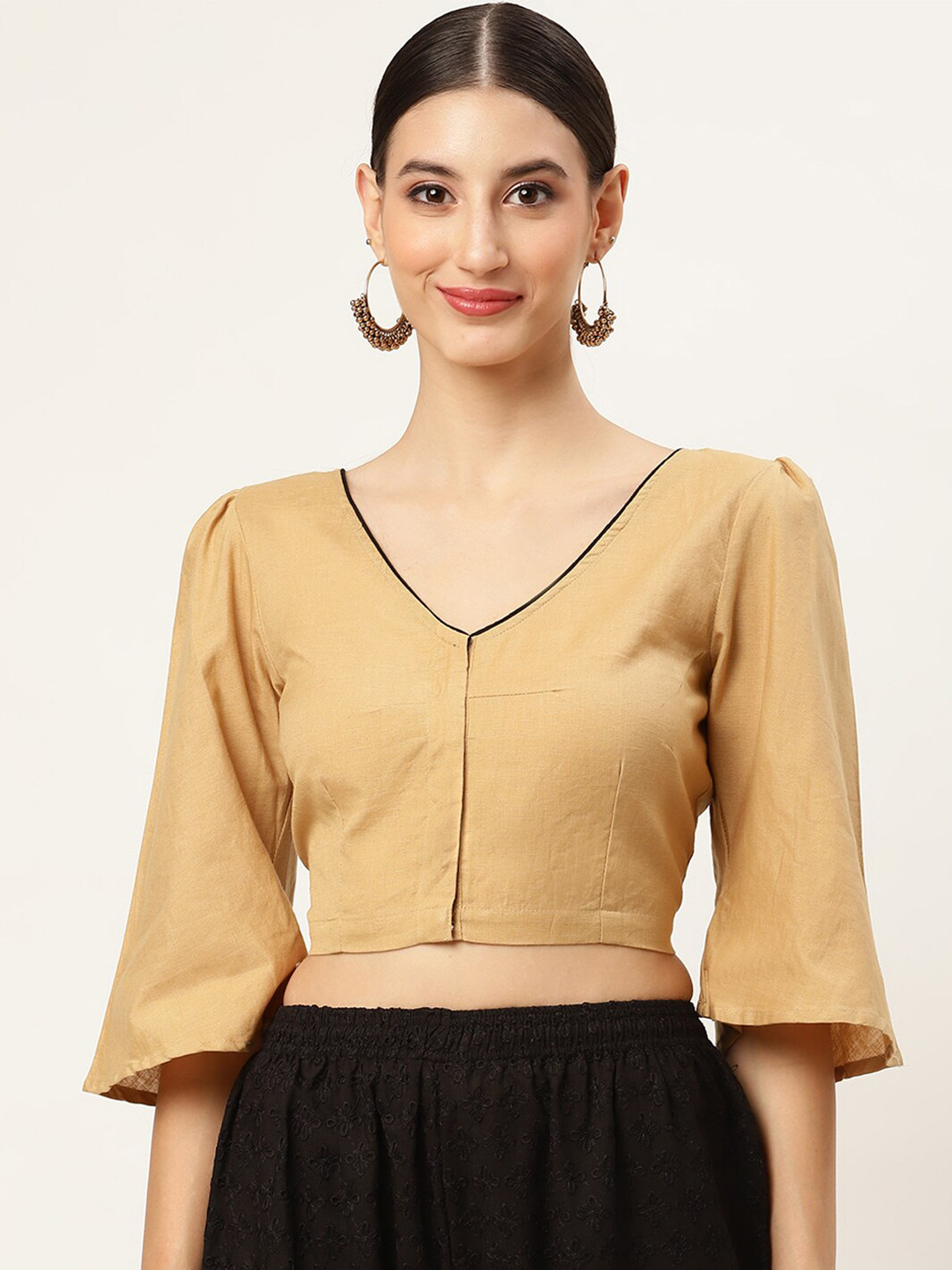 

Molcha Bell Sleeveled Cotton Non Padded Saree Blouse, Beige