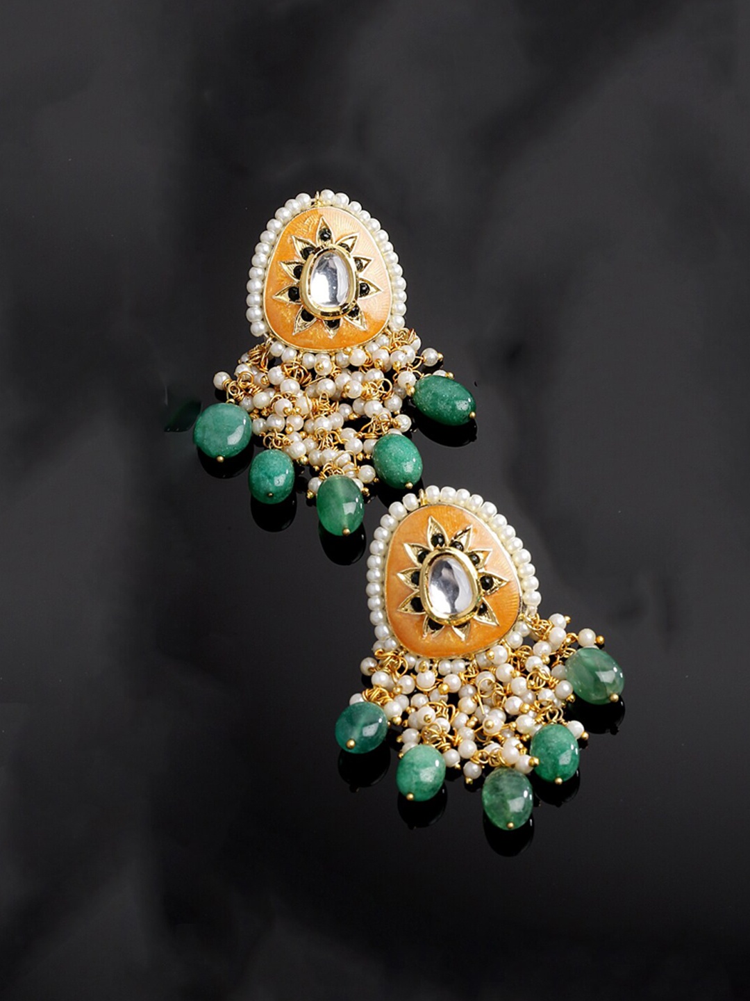 

DUGRISTYLE Gold-Plated Kundan & Pearls Studded Drop Earrings