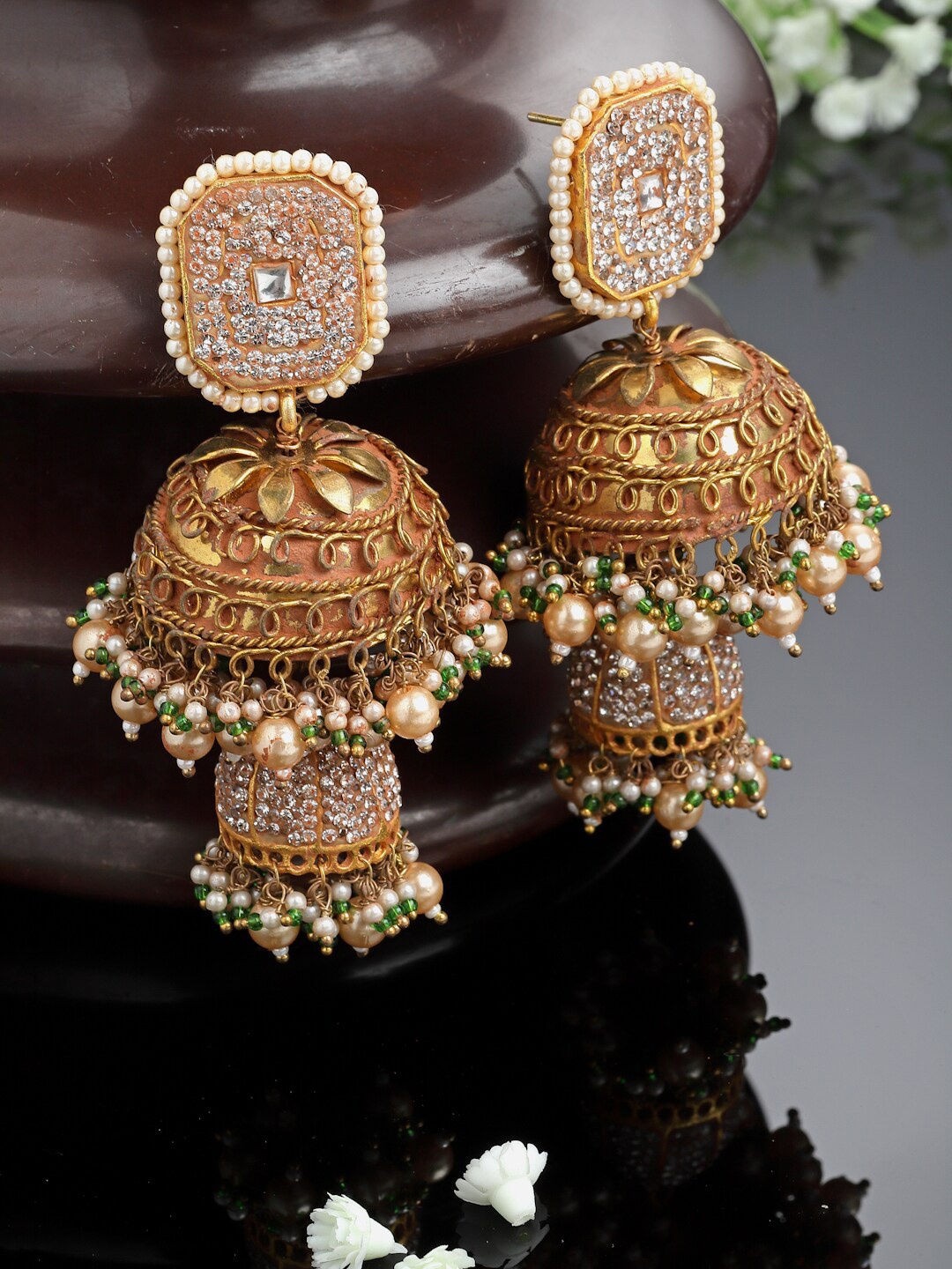 

DUGRISTYLE Gold Plated Dome Shaped American Diamonds Studded Jhumkas Earrings