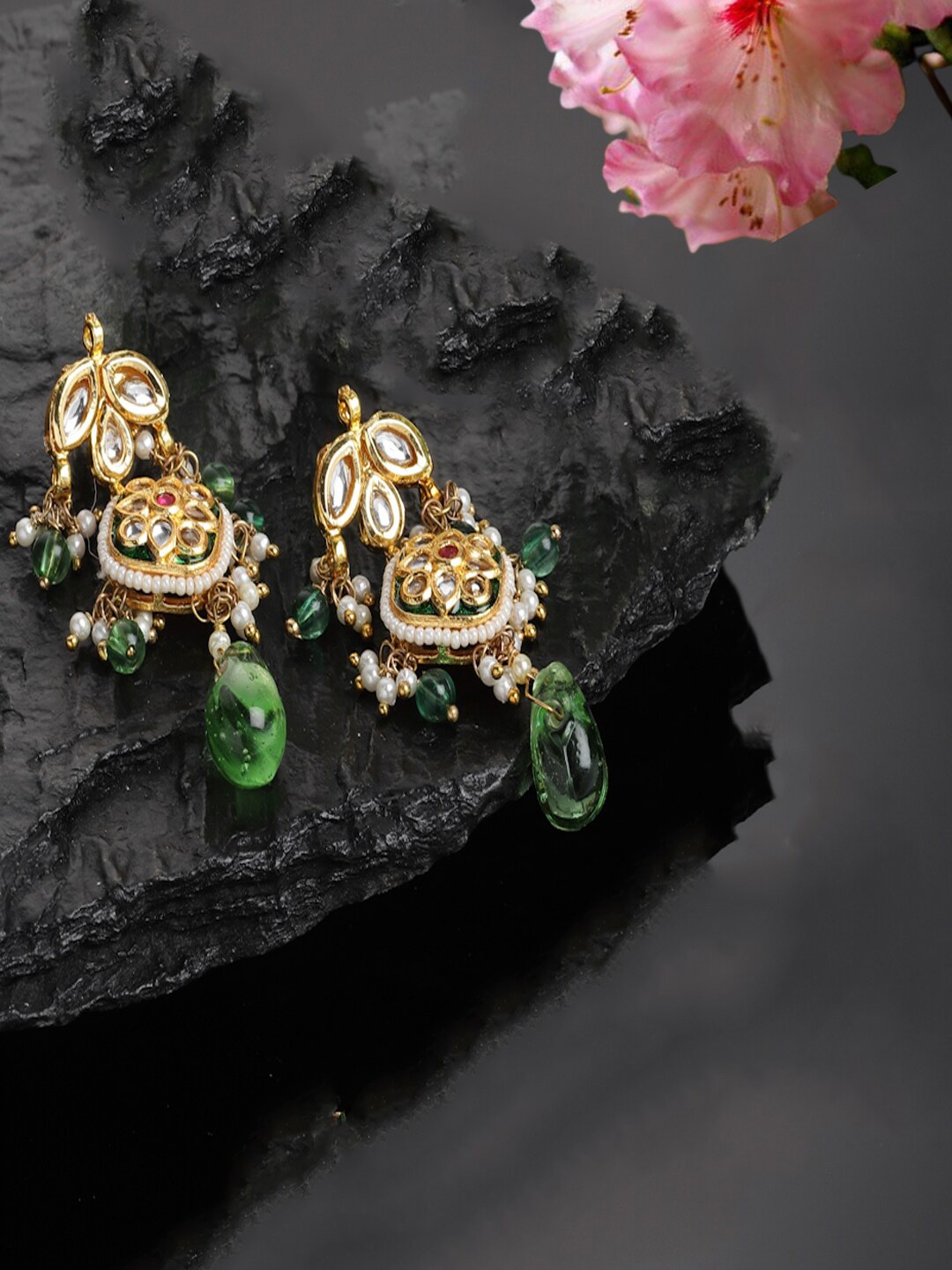 

DUGRISTYLE Gold-Plated Teardrop Design Kundan & Pearls Drop Earrings