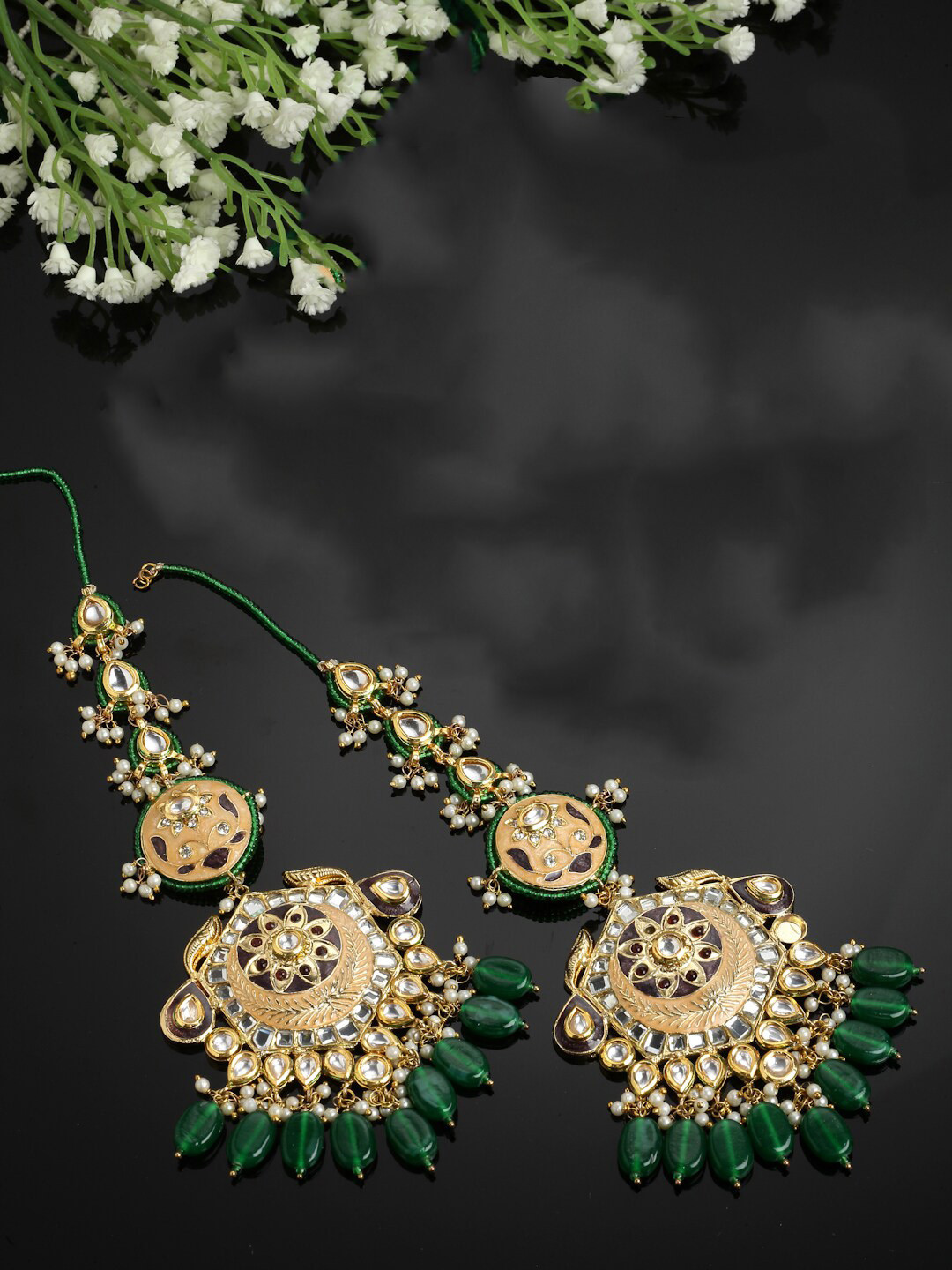 

DUGRISTYLE Gold-Plated Kundan & Pearls Drop Earrings