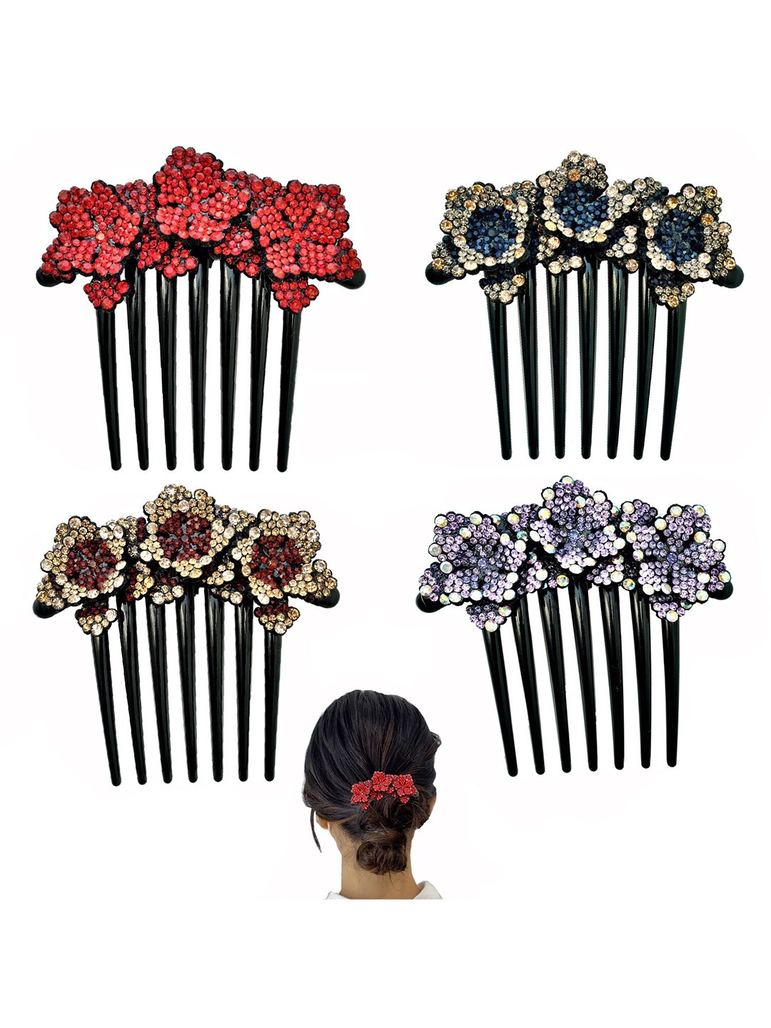 

MIZORRI Women Set of 4 Embellished Crystals Comb Pin, Red