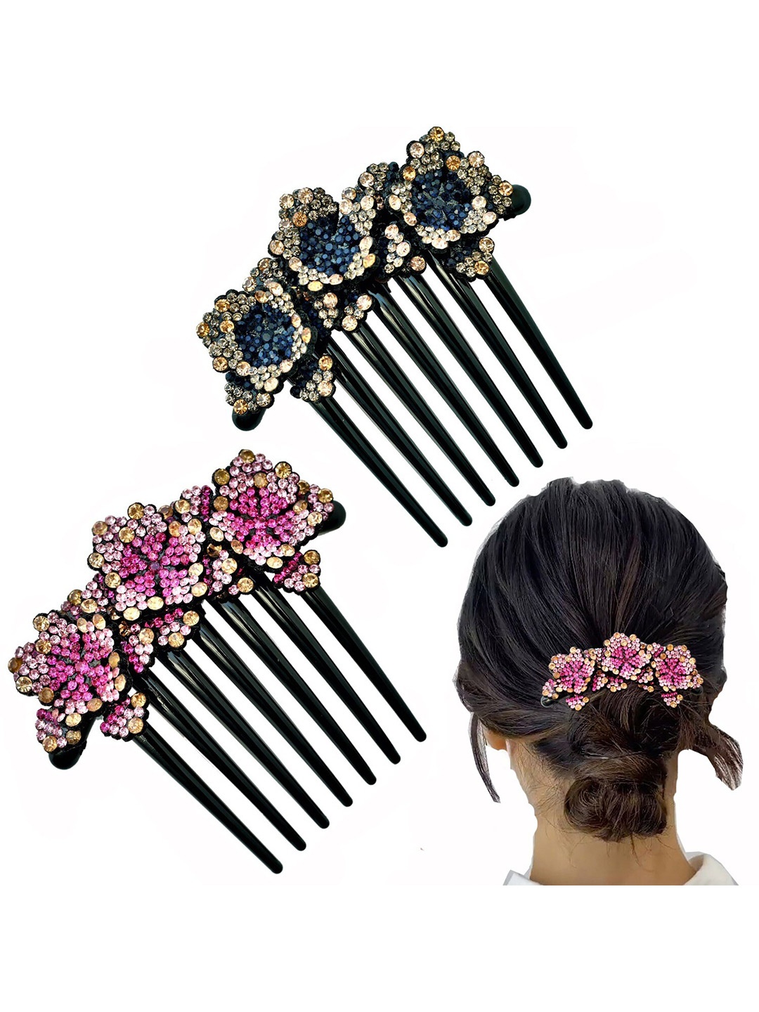 

MIZORRI Women Set of 2 Embellished With Rhinestones Comb Pin, Pink