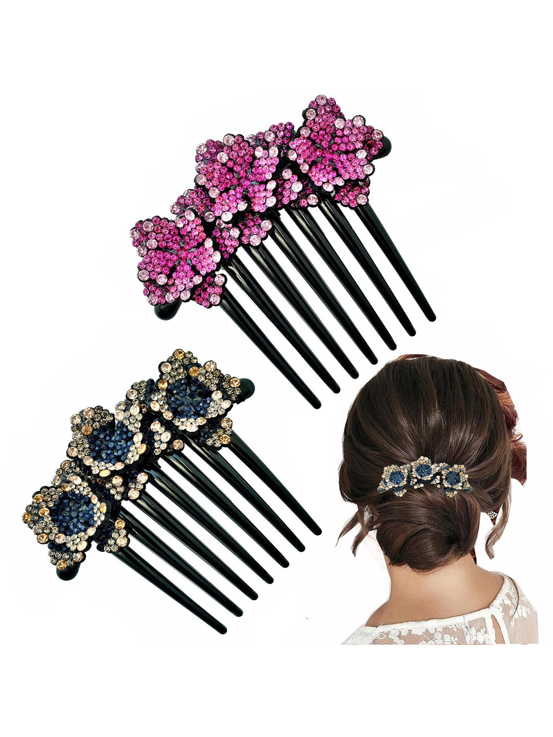 

MIZORRI Women Set of 2 Embellished Comb Pin, Pink