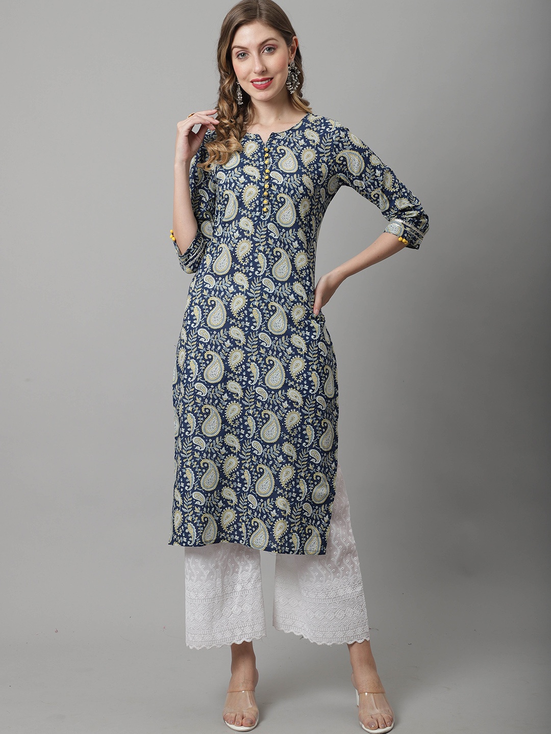

Rajnandini Ethnic Motifs Printed Pure Cotton Kurta, Blue