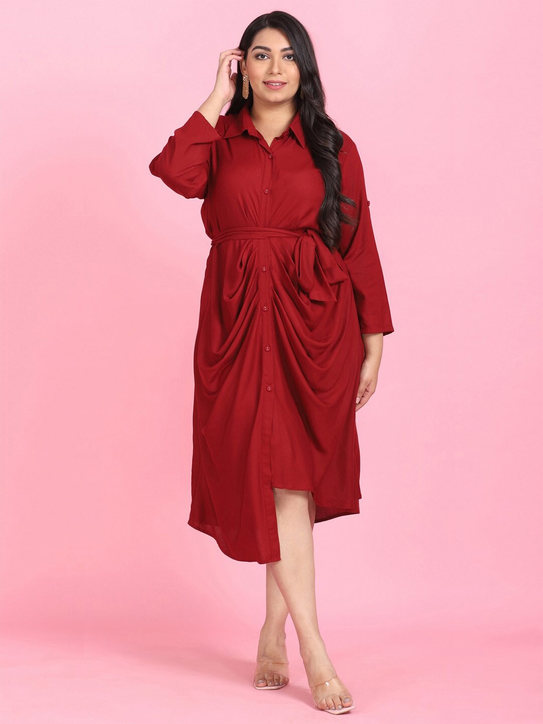 

LastInch Pleated Asymmetric Shirt Midi Dress, Maroon