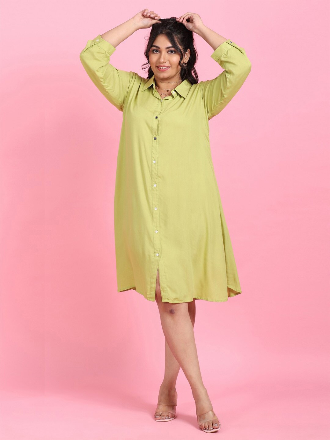 

LastInch Graphic Printed Cuffed Sleeves Shirt Dress, Green