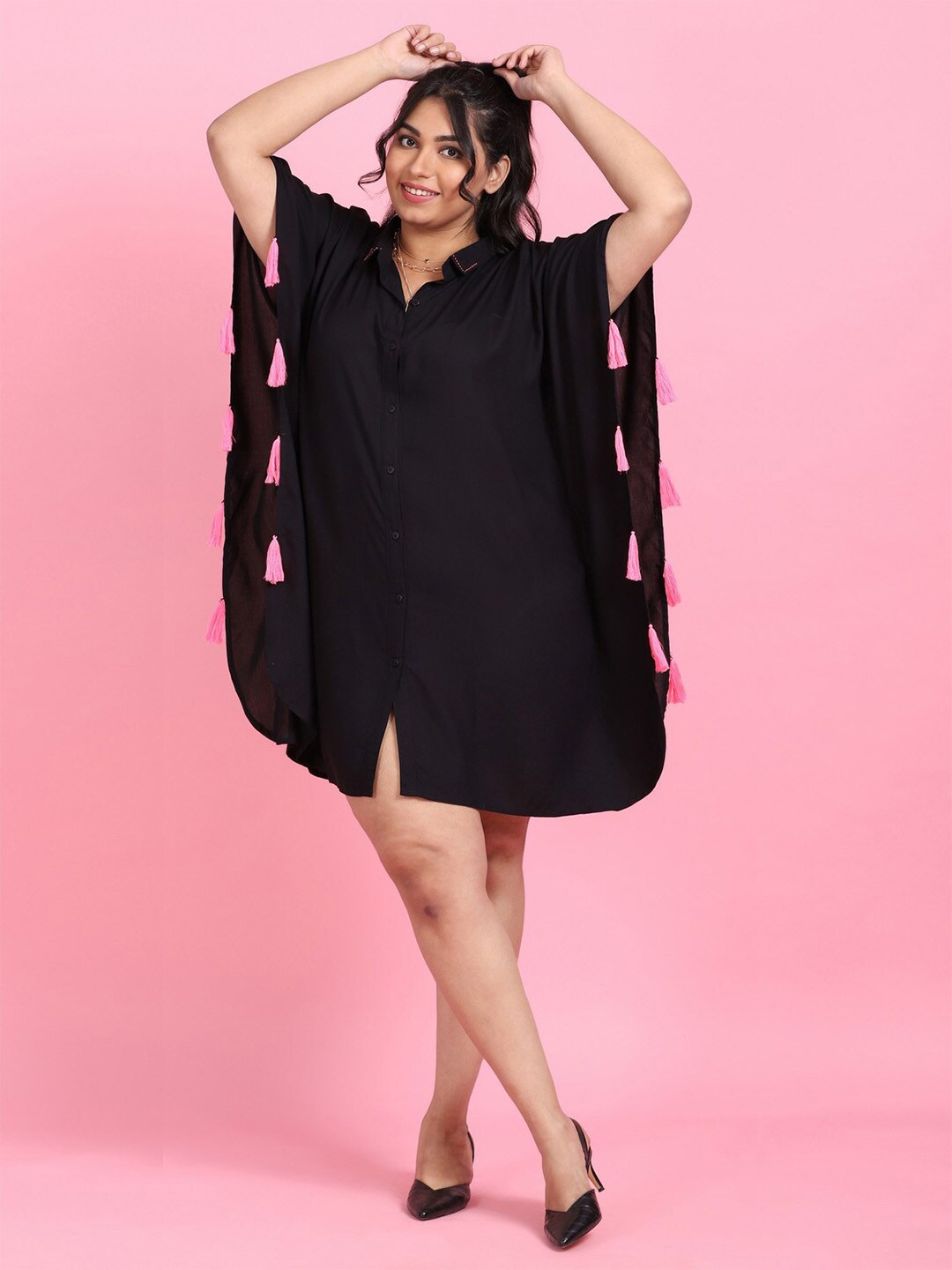 

LastInch Extended Sleeves Tassels Shirt Dress, Black