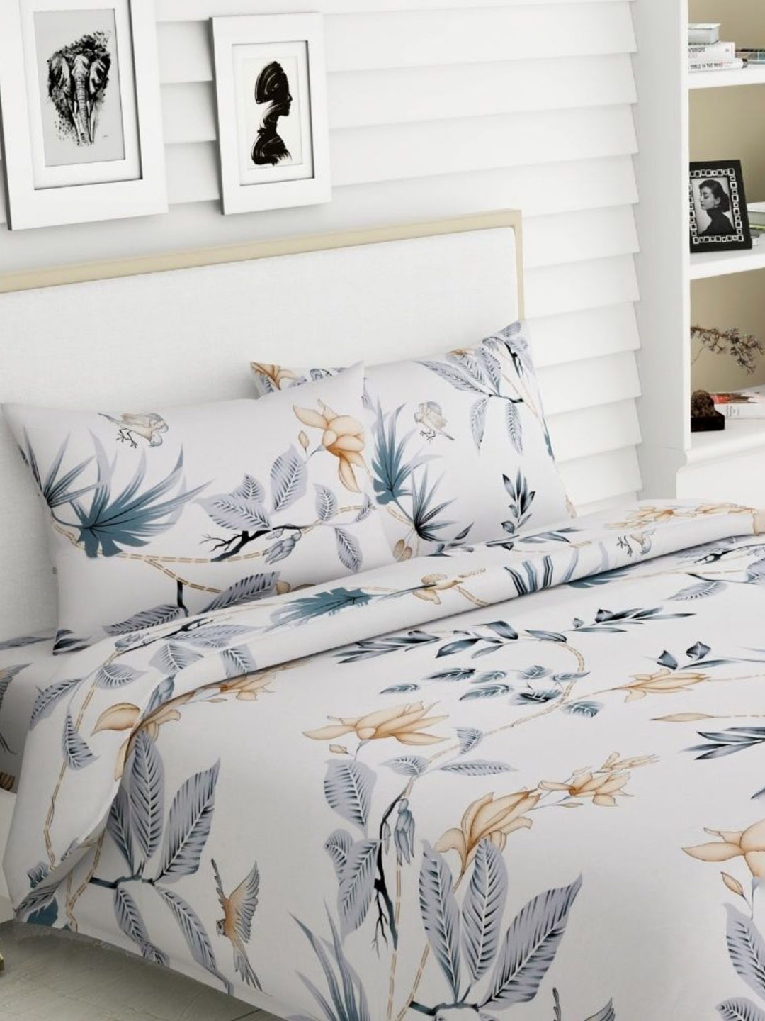 

haus & kinder White & Grey Floral 186 TC Pure Cotton King Bedsheet & 2 Pillow Covers
