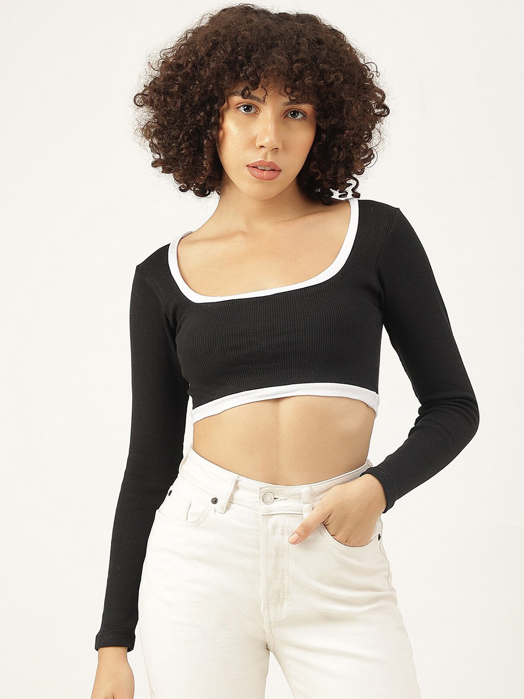 

AAHWAN Square Neck Long Sleeves Crop Top, Black