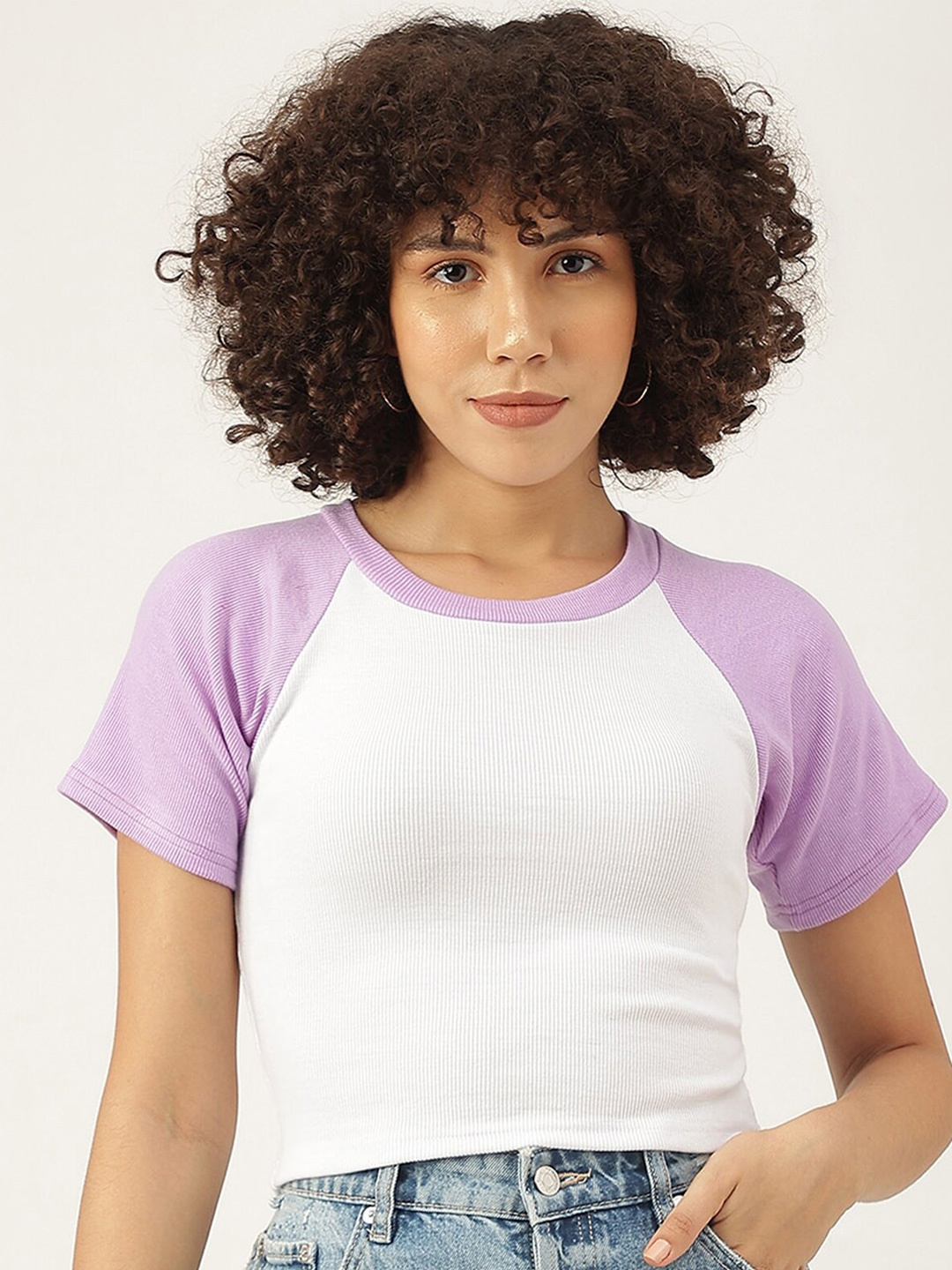 

AAHWAN Raglan Sleeves Fitted Cotton Crop Top, Lavender