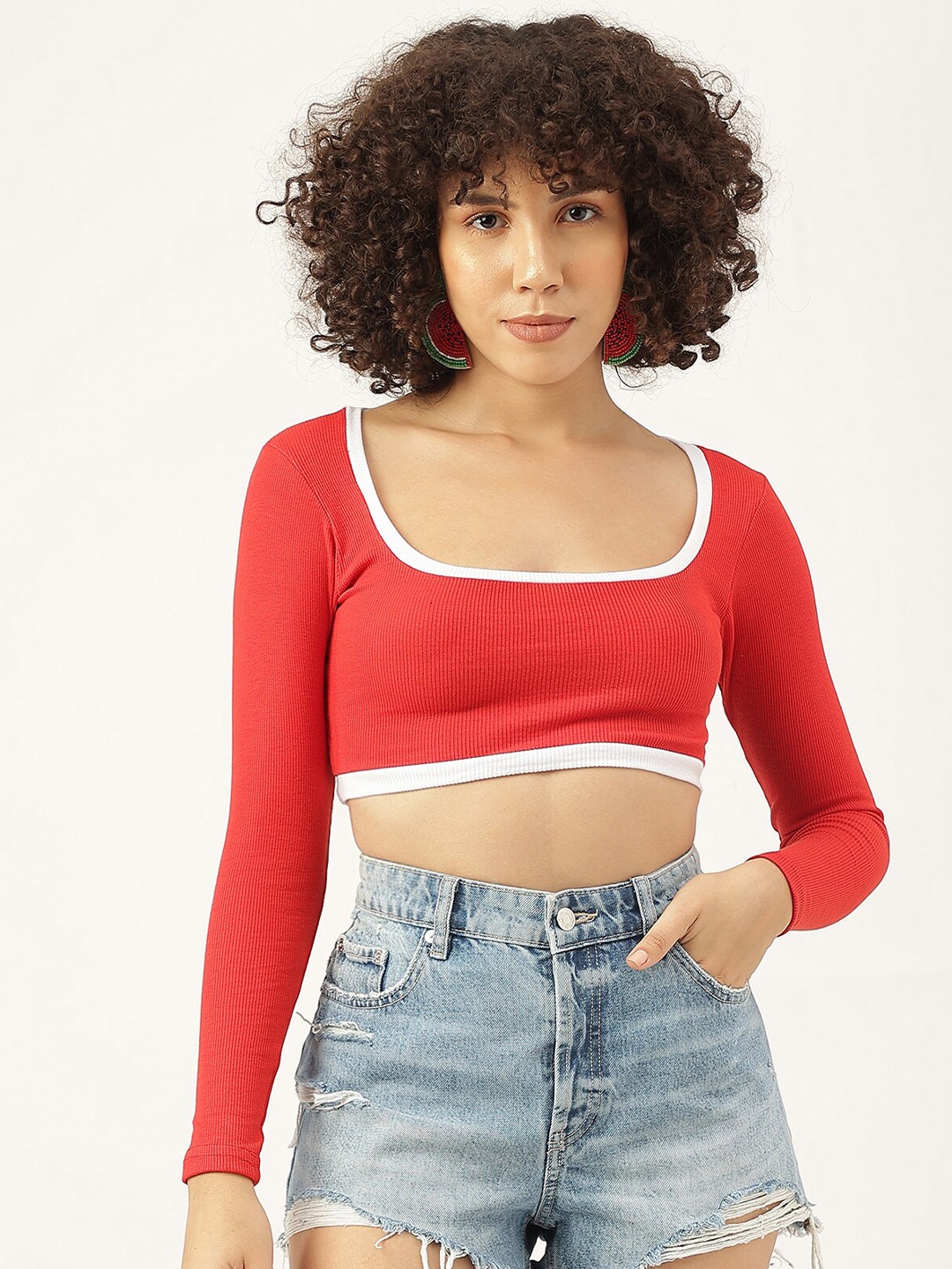 

AAHWAN Square Neck Long Sleeves Fitted Cotton Crop Top, Red