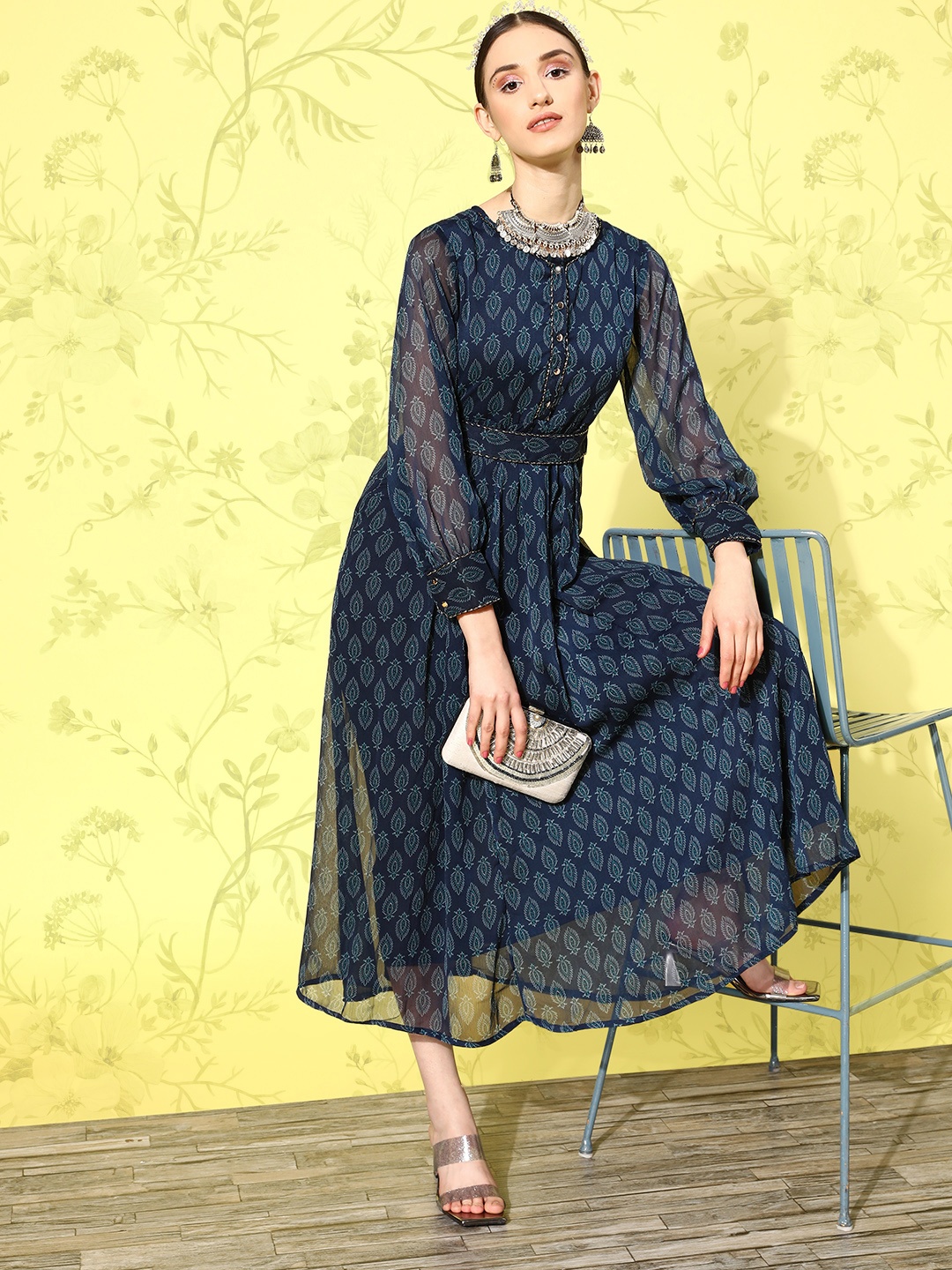 

Juniper Ethnic Motifs Print Puff Sleeve Chiffon A-Line Midi Dress, Navy blue