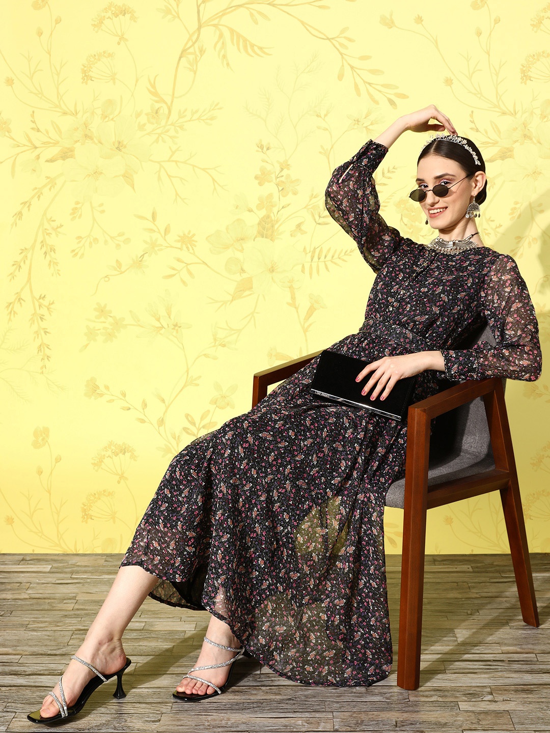 

Juniper Floral Print Puff Sleeve Chiffon A-Line Midi Dress, Navy blue